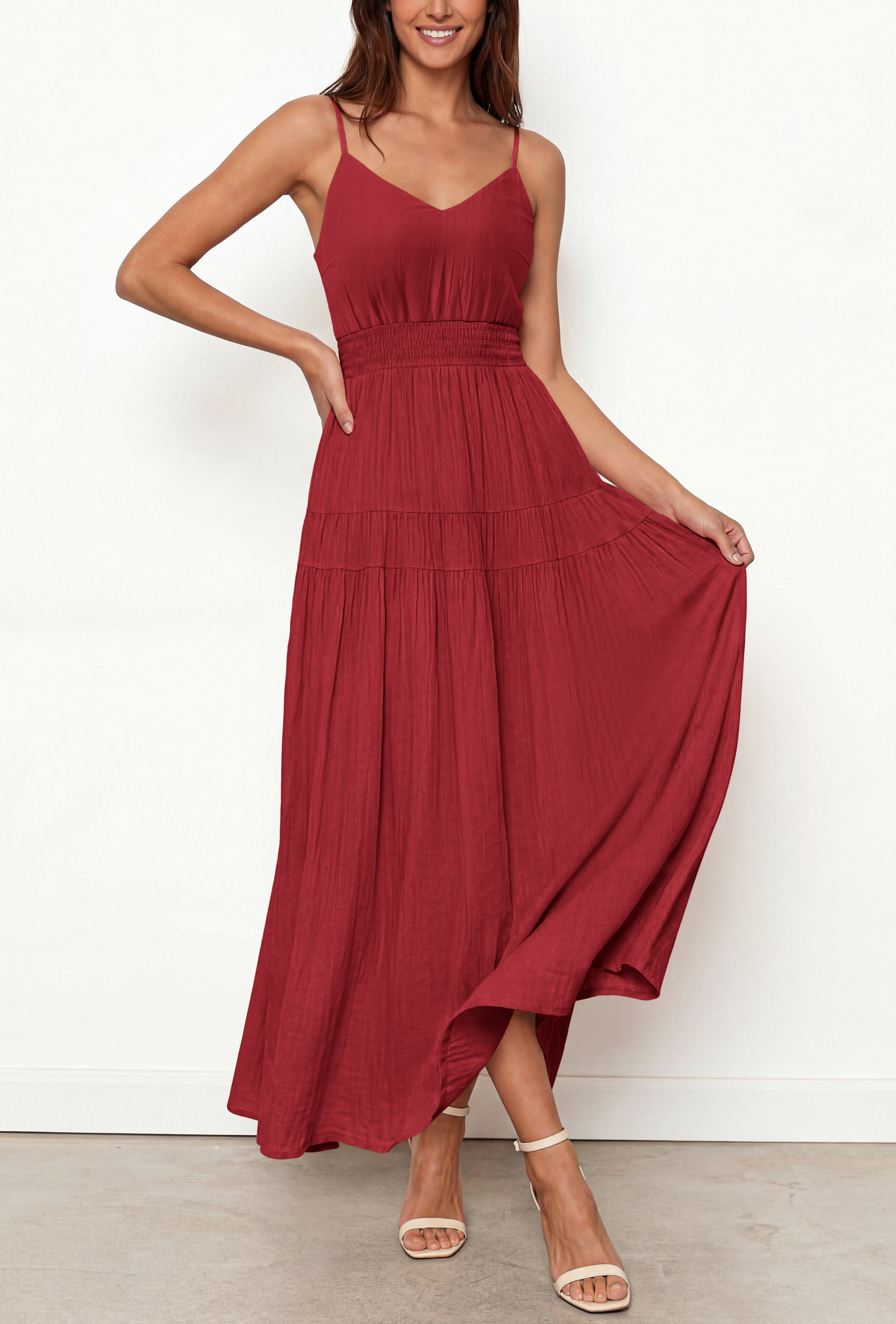 KIRUNDO Summer Dresses for Women Spaghetti Strap Sleeveless High Waist Flowy Boho Maxi Dress Beach Vacation Long Sundress