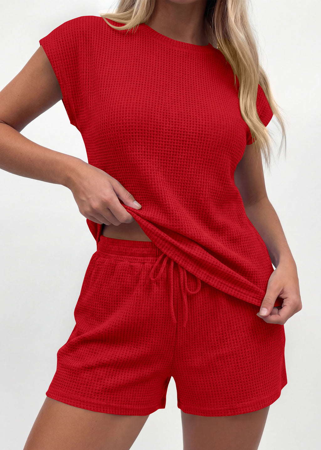 KIRUNDO 2 Piece Sets For Women 2026 Summer Waffle Knit Cap Sleeve Lounge Set Casual Travel Vacation Outfits With Shorts