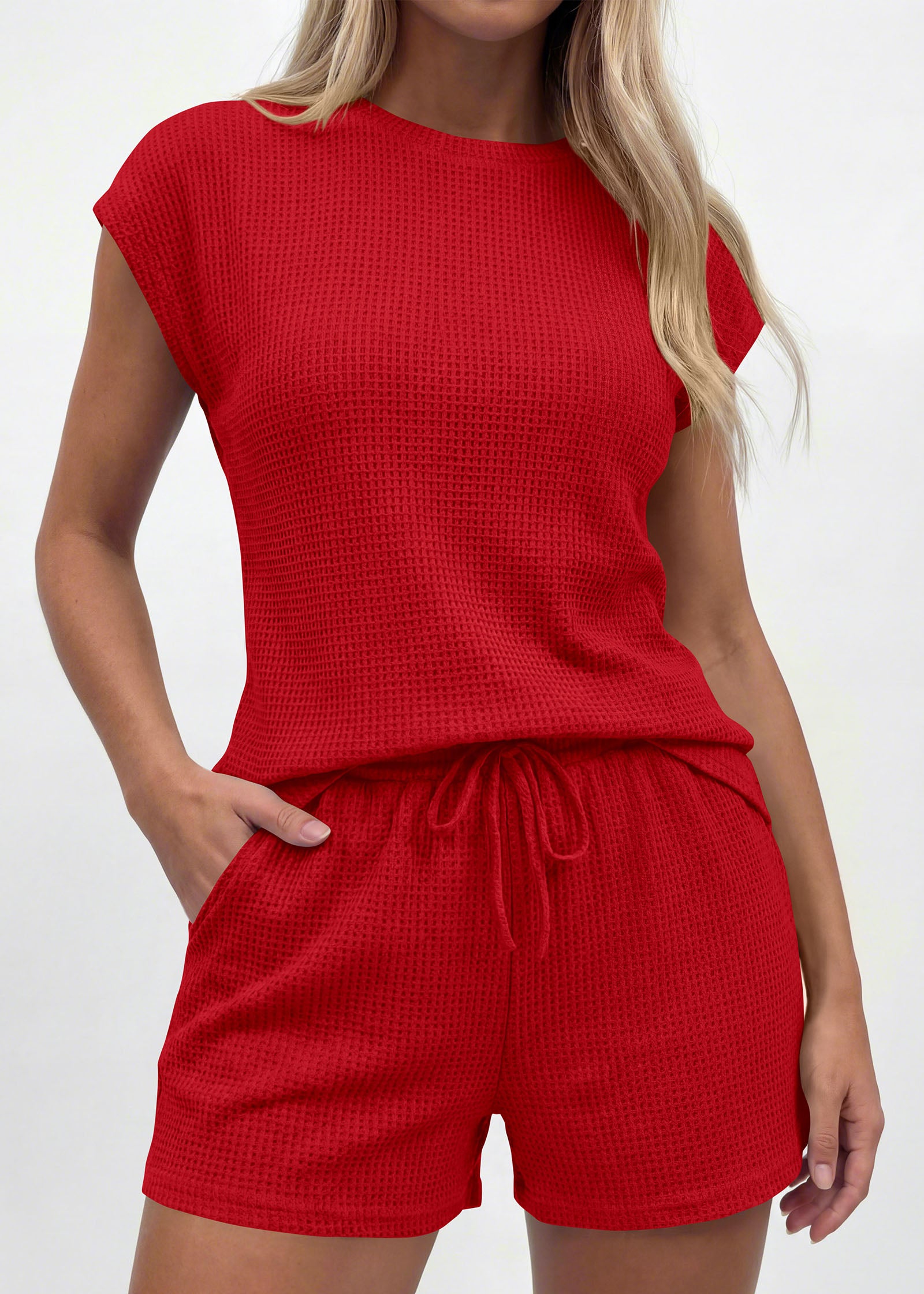 KIRUNDO 2 Piece Sets For Women 2026 Summer Waffle Knit Cap Sleeve Lounge Set Casual Travel Vacation Outfits With Shorts