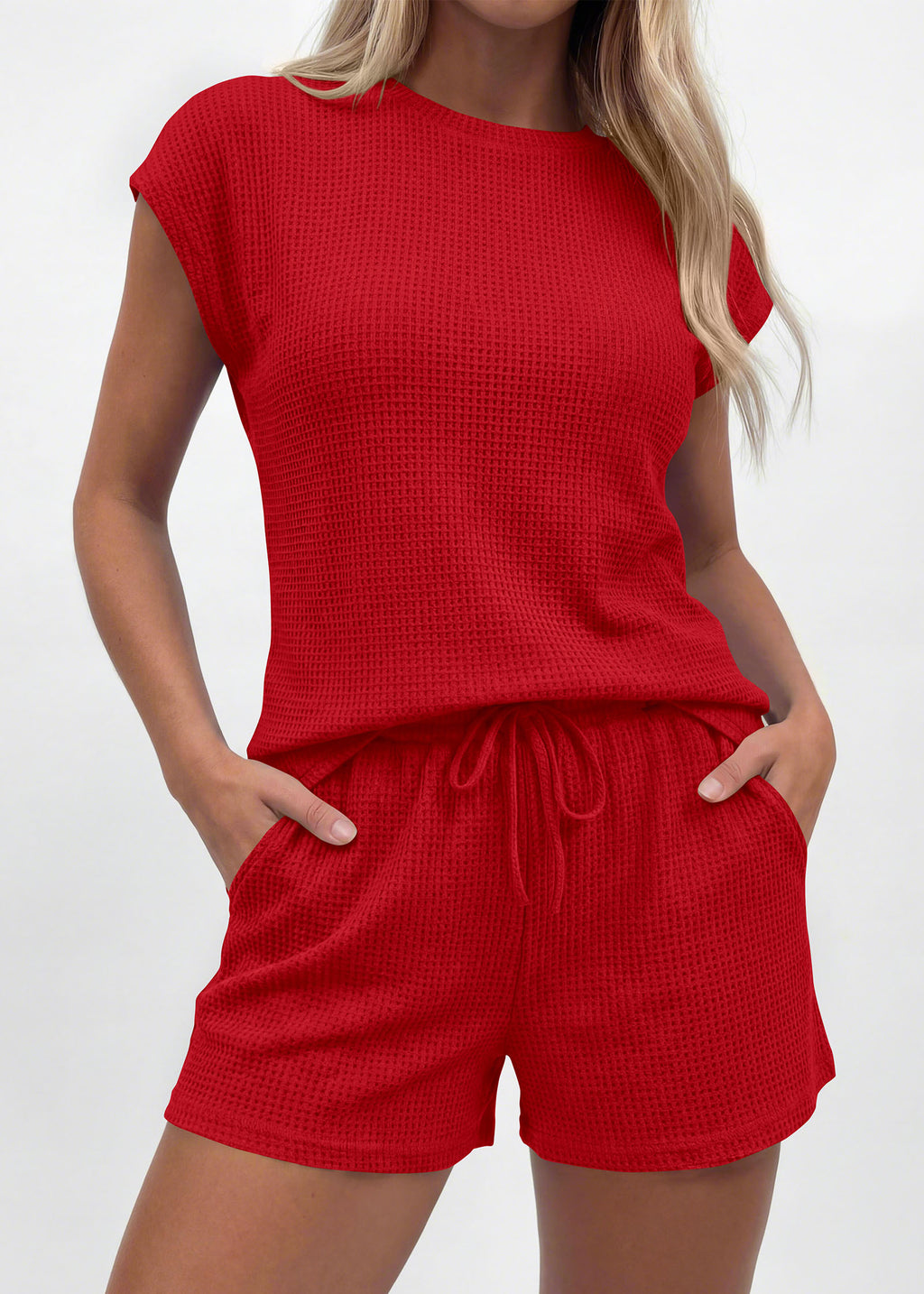 KIRUNDO 2 Piece Sets For Women 2026 Summer Waffle Knit Cap Sleeve Lounge Set Casual Travel Vacation Outfits With Shorts