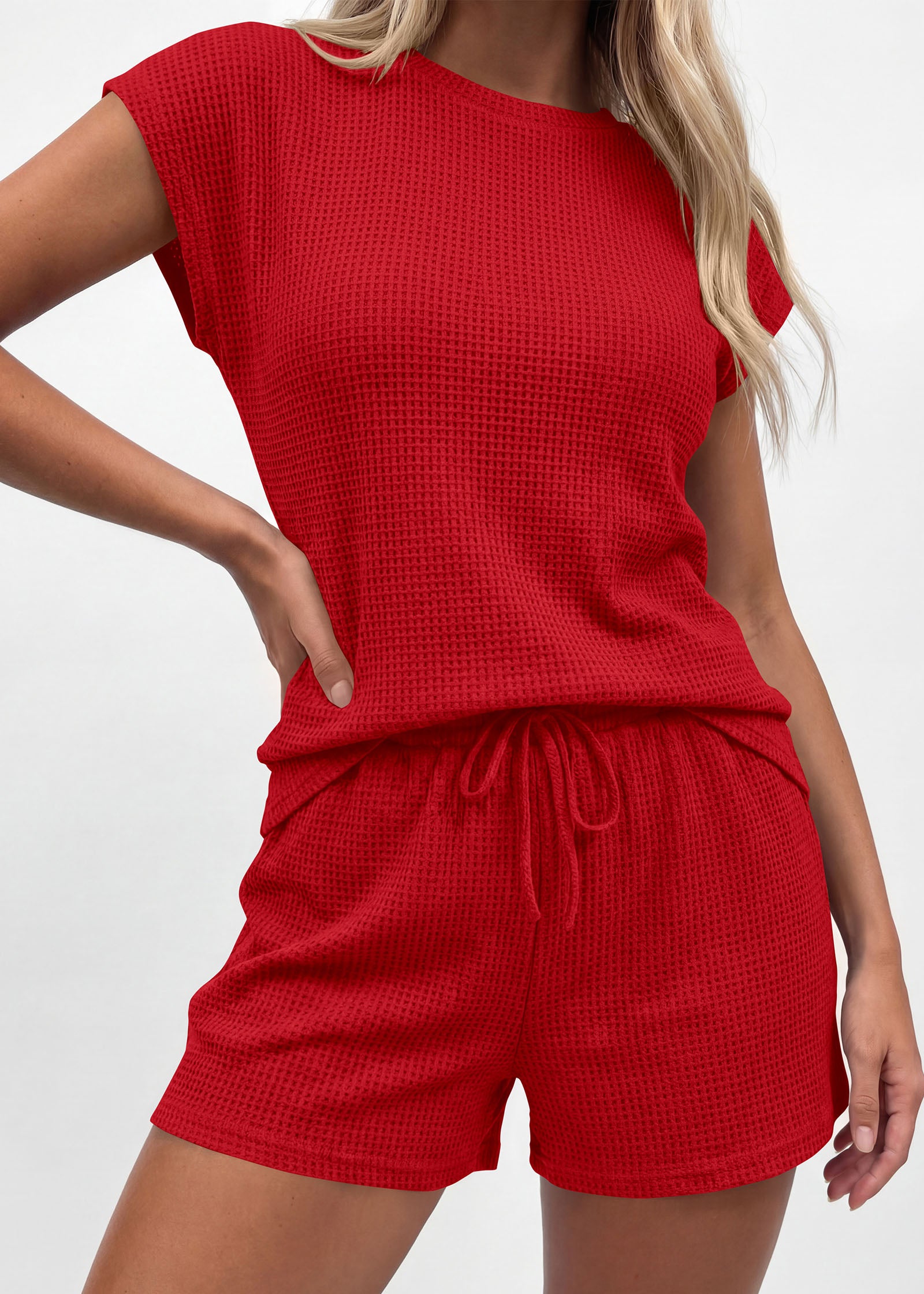 KIRUNDO 2 Piece Sets For Women 2026 Summer Waffle Knit Cap Sleeve Lounge Set Casual Travel Vacation Outfits With Shorts