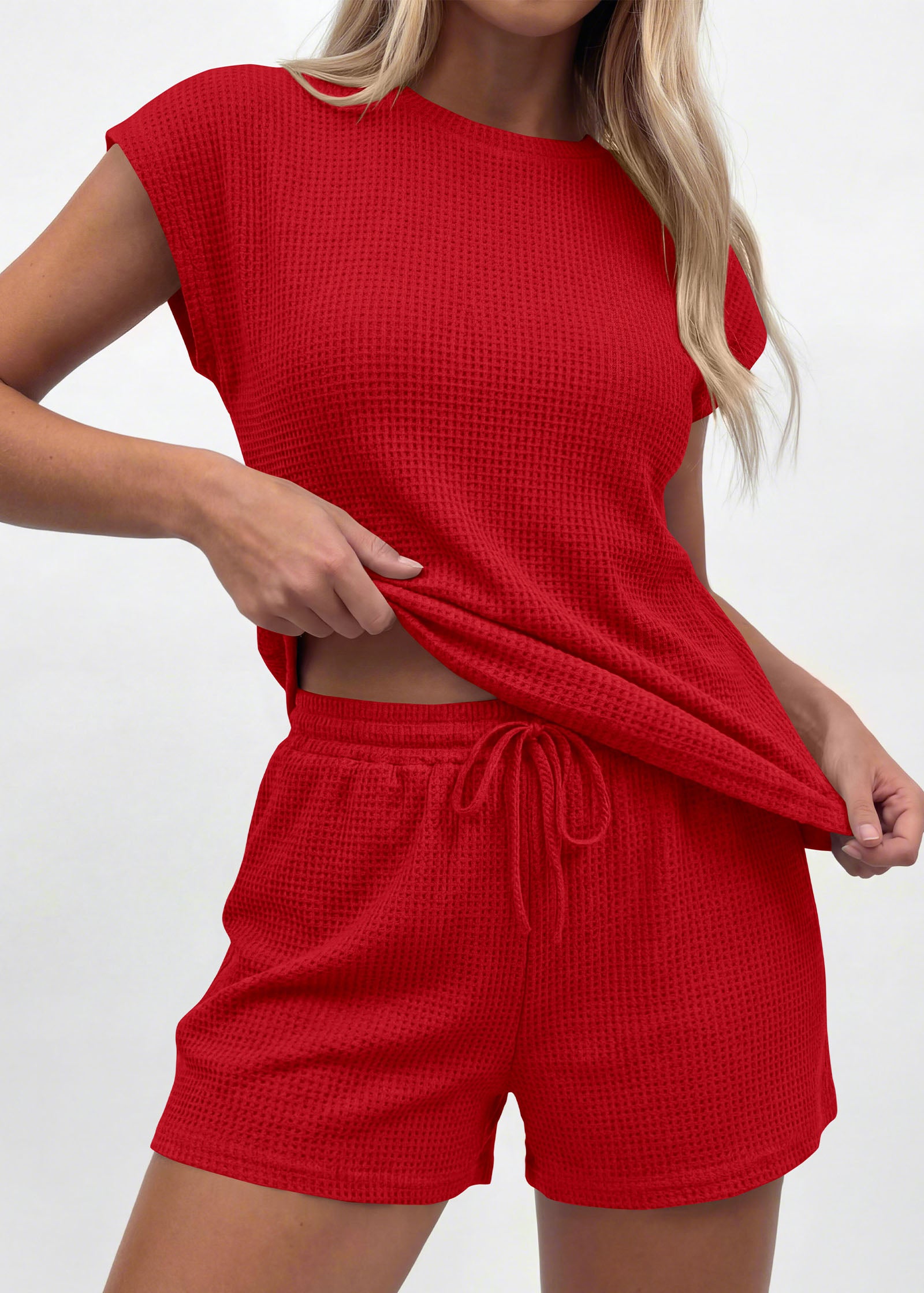 KIRUNDO 2 Piece Sets For Women 2026 Summer Waffle Knit Cap Sleeve Lounge Set Casual Travel Vacation Outfits With Shorts