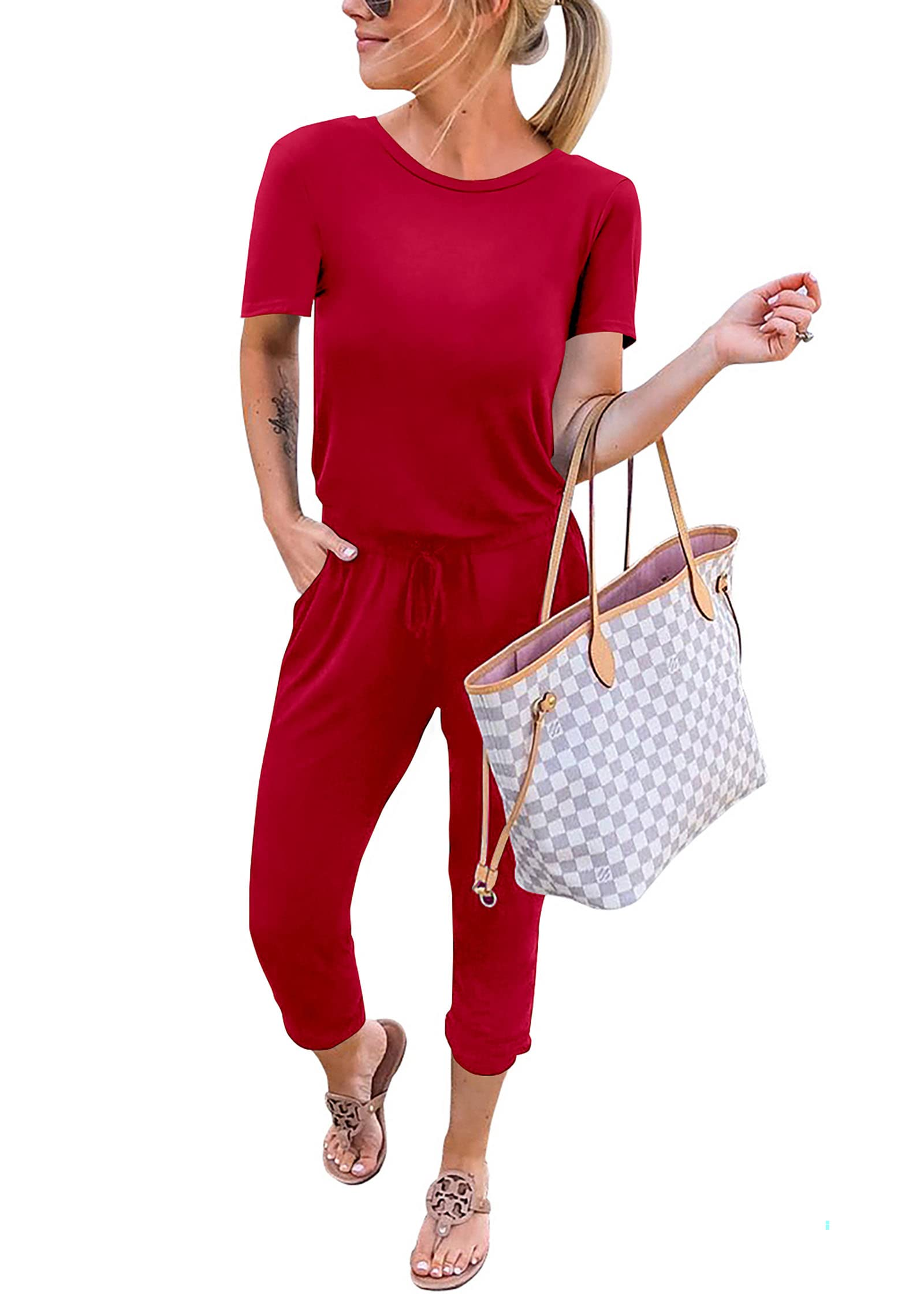 KIRUNDO Jumpsuits for Women Summer 2026 Casual Short Sleeve One Piece Outfits Drawstring Waist Long Pants Romper Jumpers