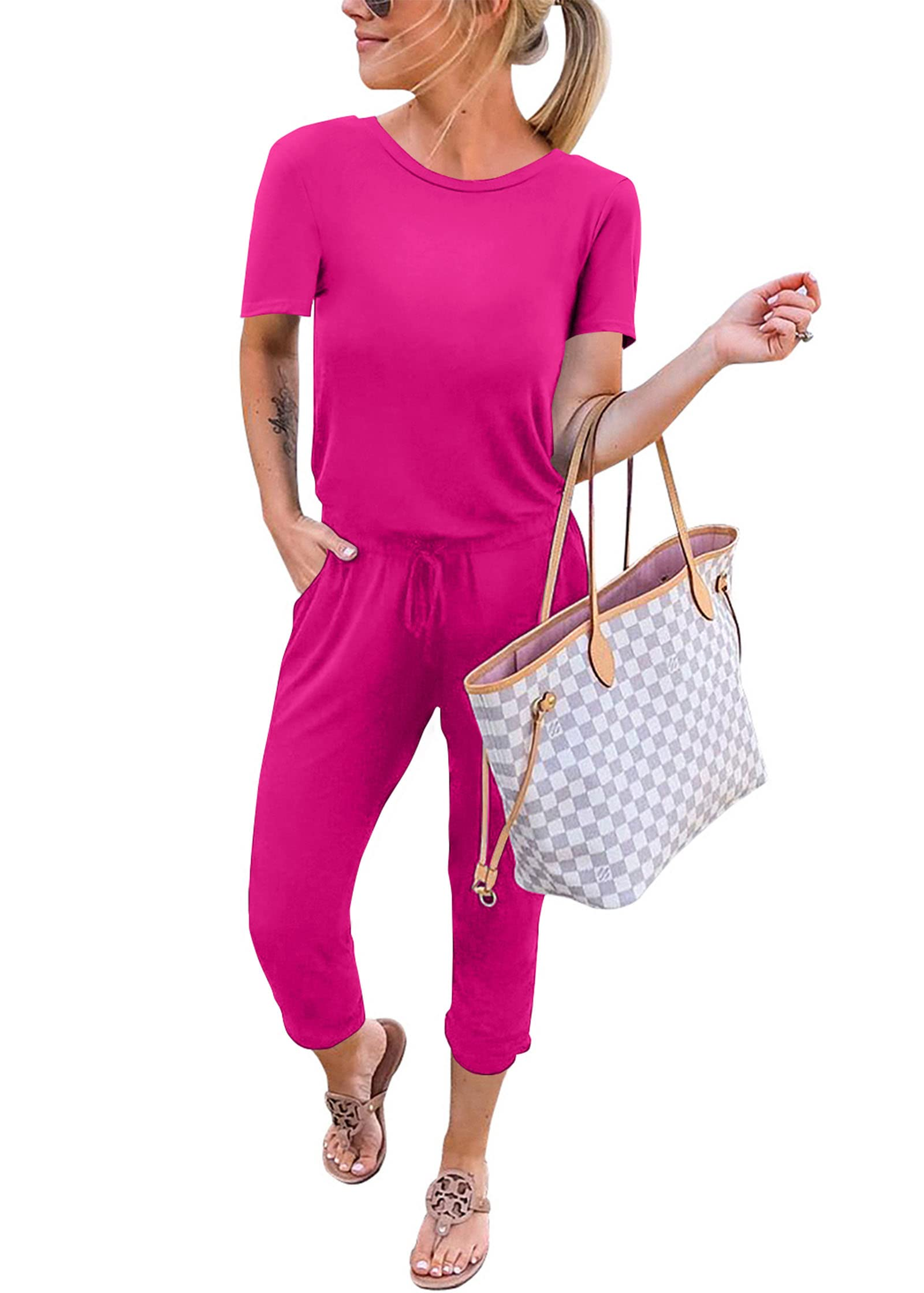 KIRUNDO Jumpsuits for Women Summer 2026 Casual Short Sleeve One Piece Outfits Drawstring Waist Long Pants Romper Jumpers