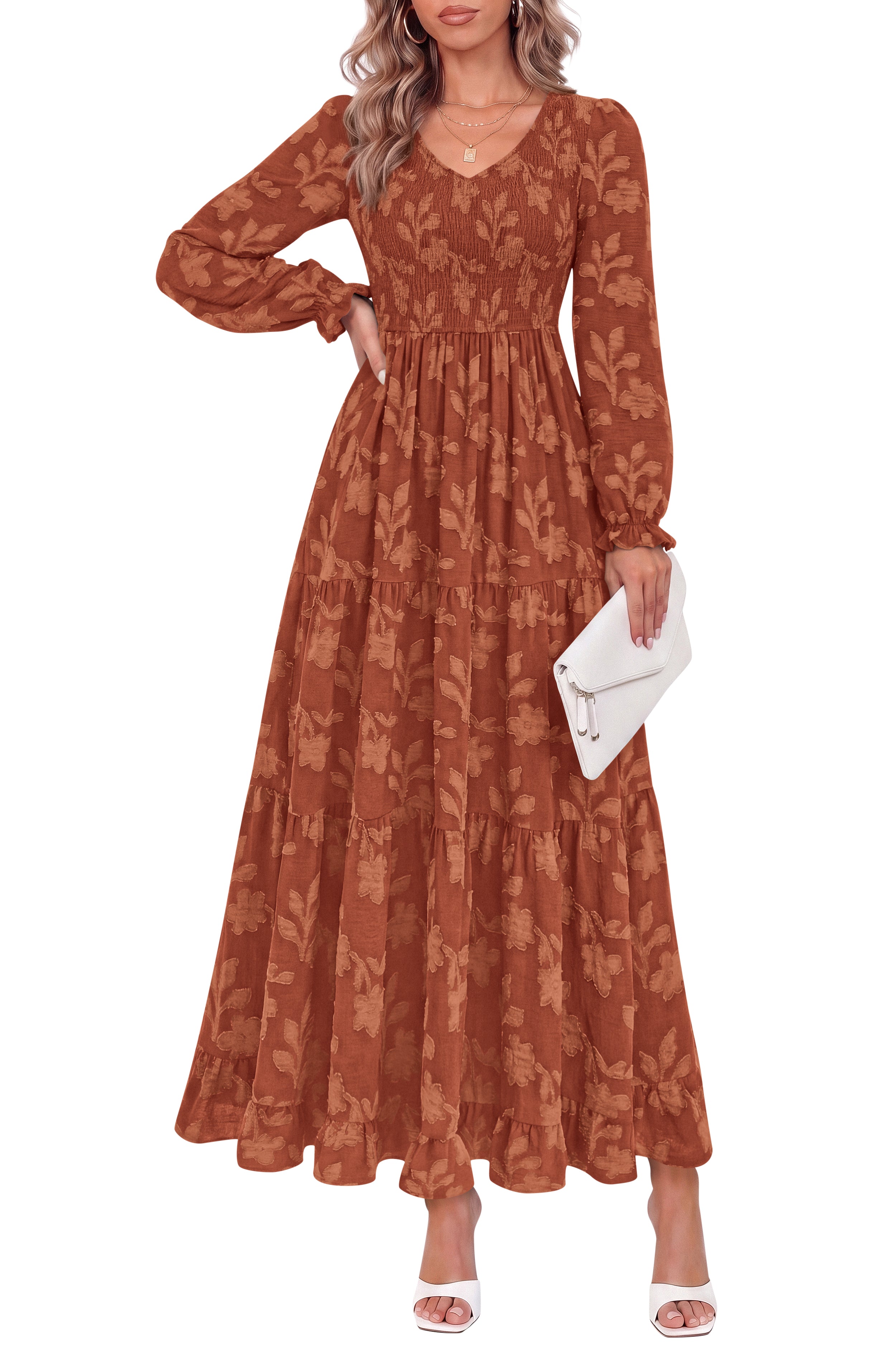 KIRUNDO Fall Dresses For Women 2026 Long Sleeve V Neck Floral Boho Flowy Smocked Casual Wedding Guest Maxi Dress With Pockets