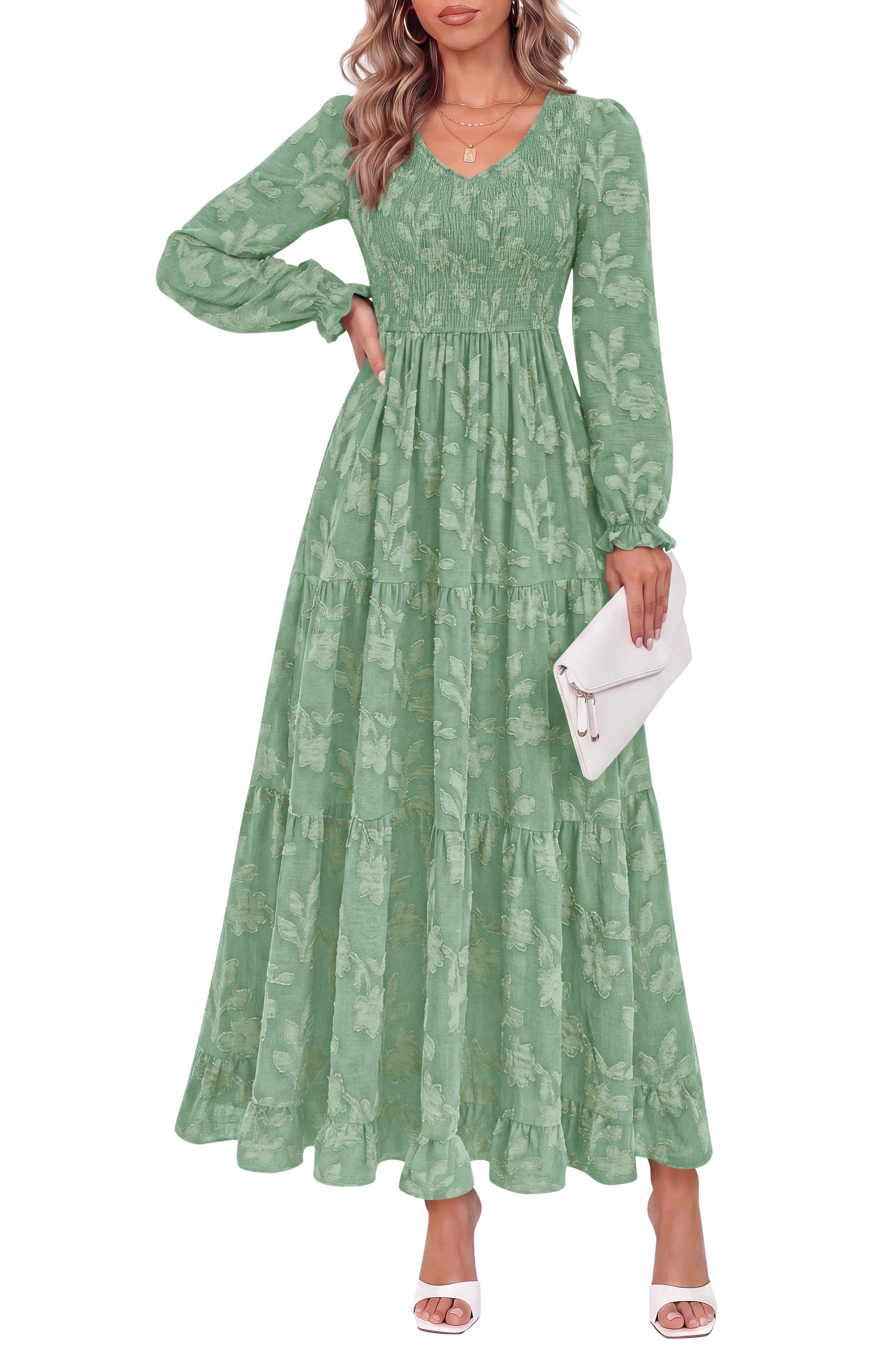 KIRUNDO Fall Dresses For Women 2026 Long Sleeve V Neck Floral Boho Flowy Smocked Casual Wedding Guest Maxi Dress With Pockets