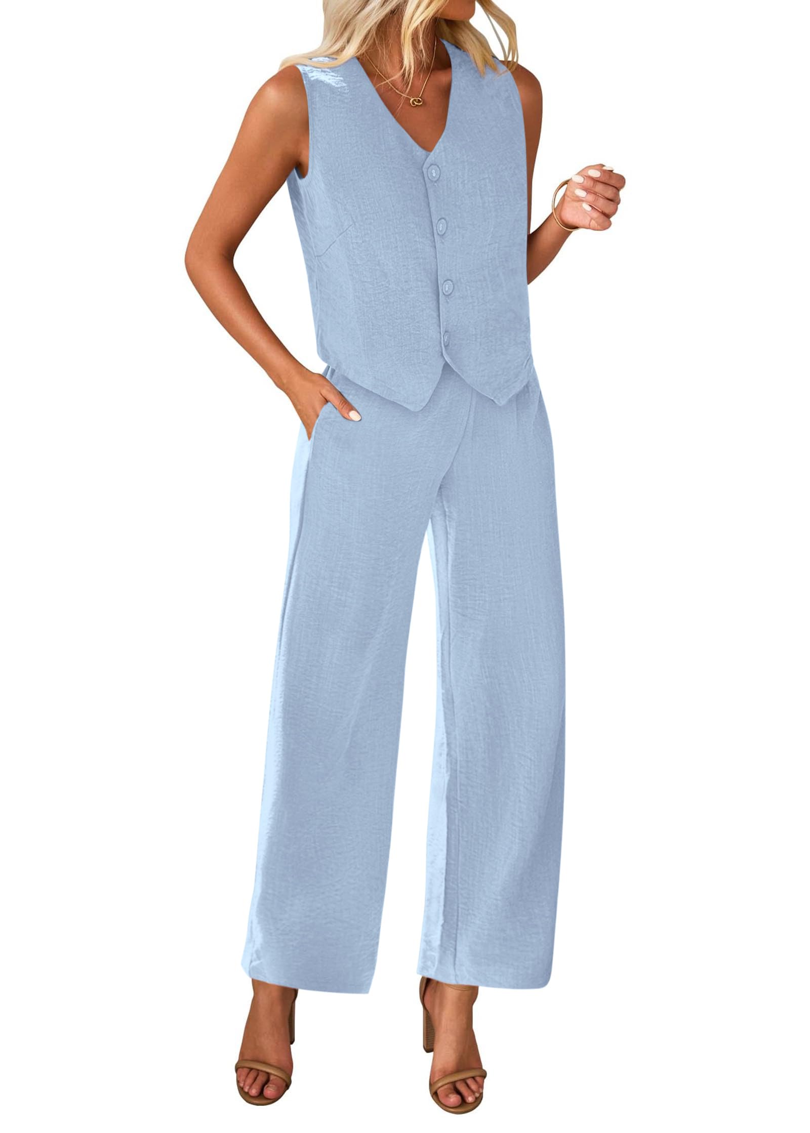 KIRUNDO Womens Two Piece Outfits Summer Fashion Button V Neck Crop Vest Blazer and Wide Leg Pants Suit Matching Sets