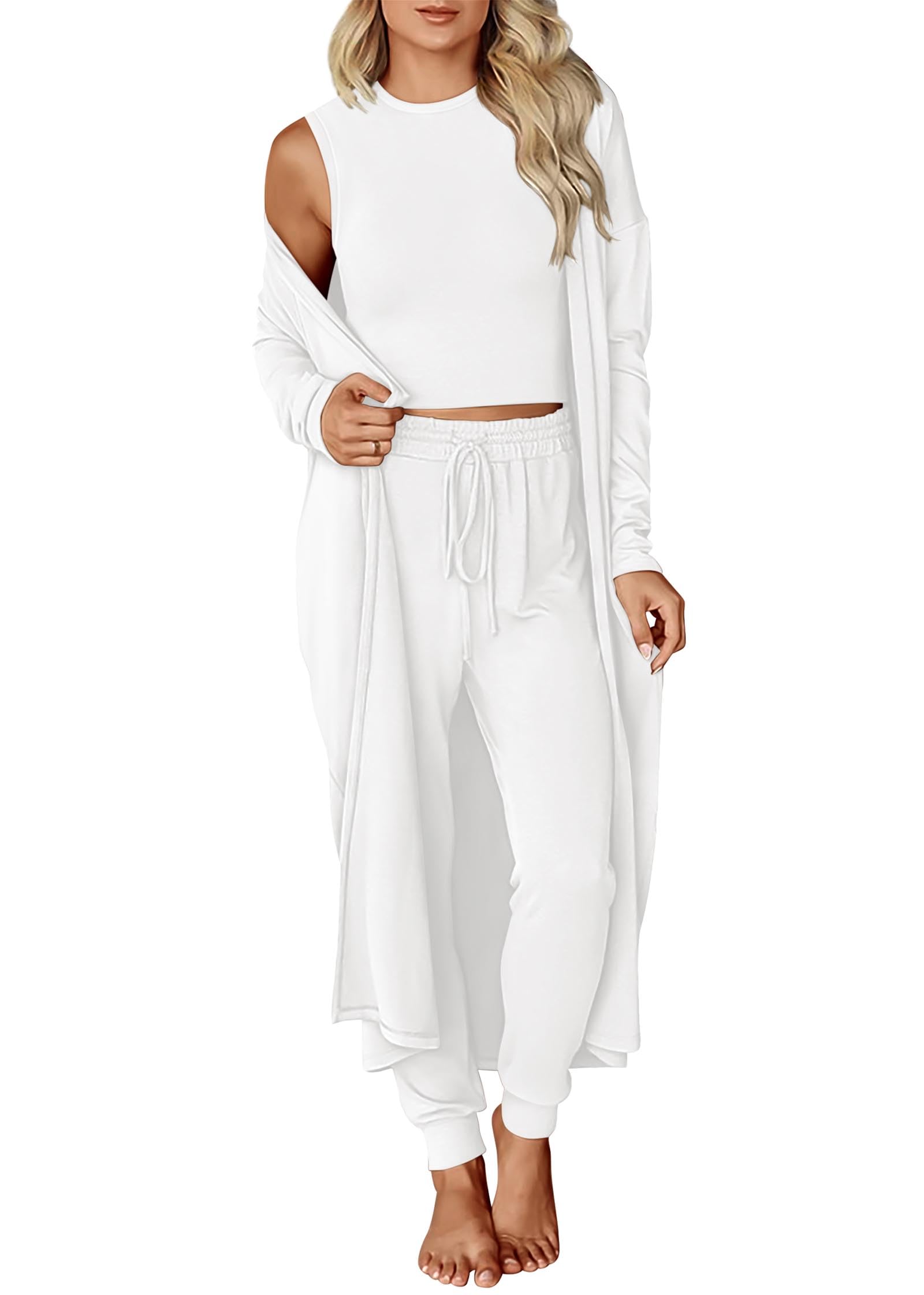 KIRUNDO 3 Piece Lounge Sets for Women Airport Travel Vacation Outfits Spring Cardigan Matching Sleeveless Top Jogger Pants