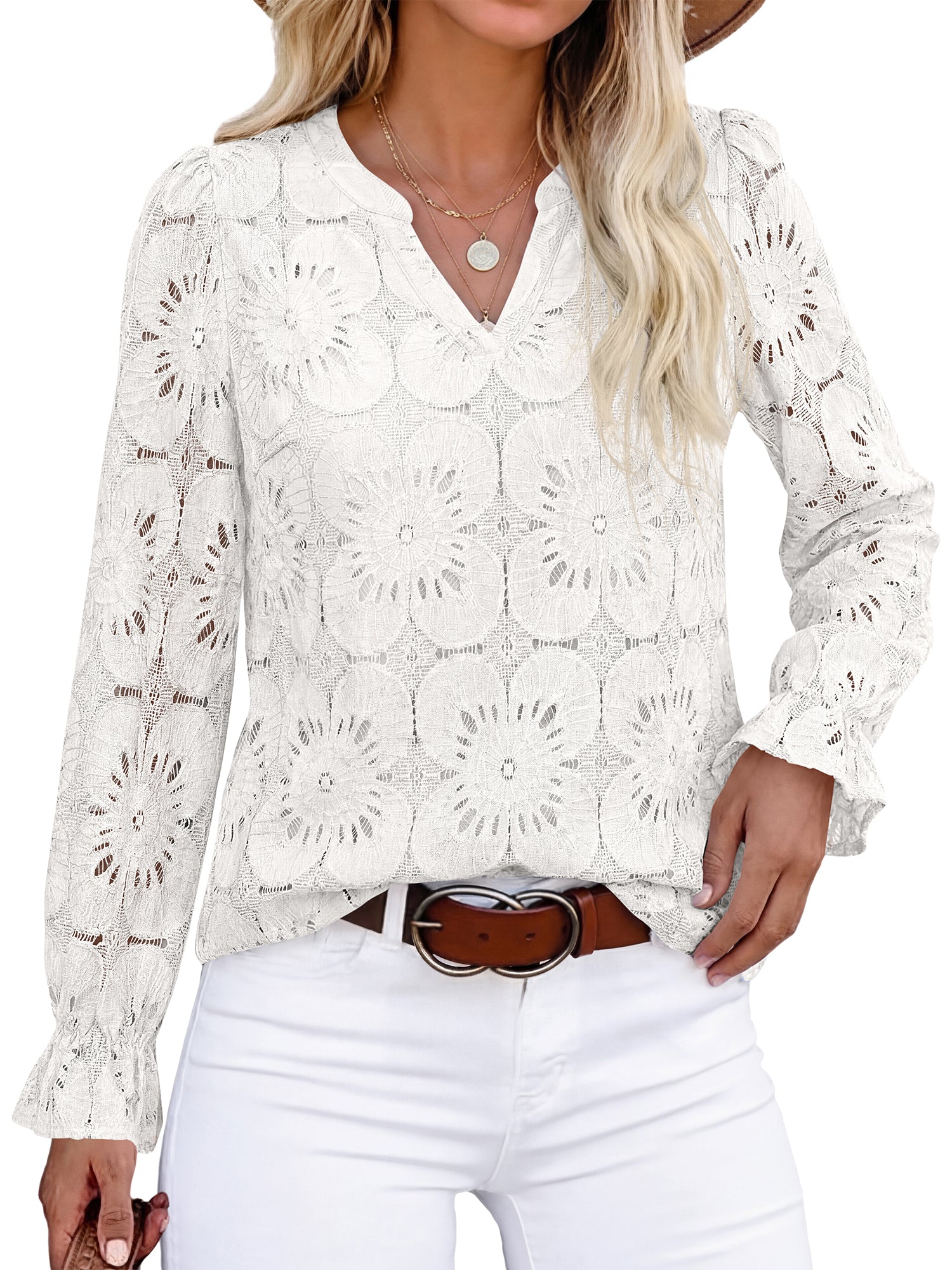 KIRUNDO Lace Tops for Women Dressy Eyelet Long Sleeve Blouses