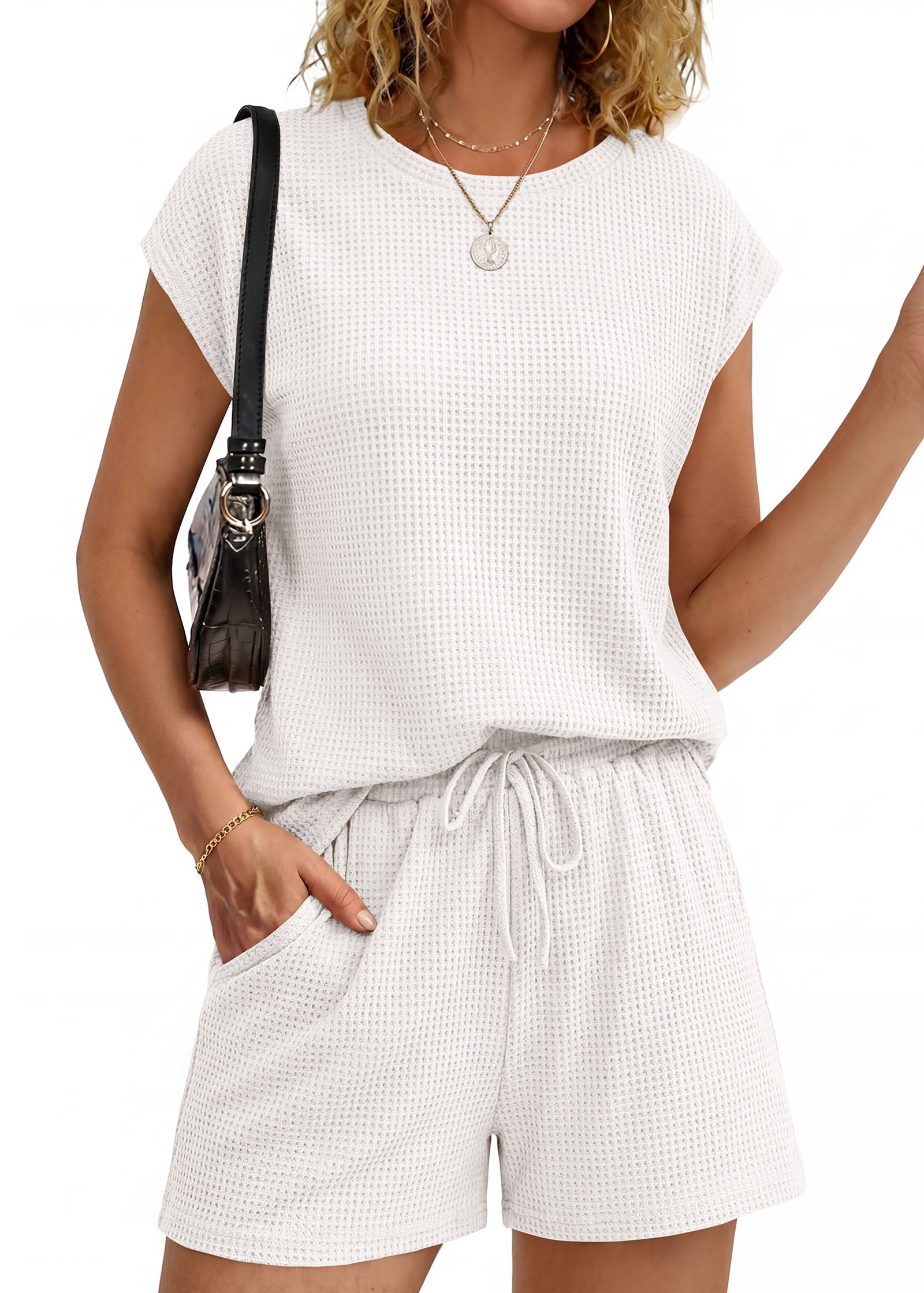 KIRUNDO 2 Piece Sets For Women 2026 Summer Waffle Knit Cap Sleeve Lounge Set Casual Travel Vacation Outfits With Shorts