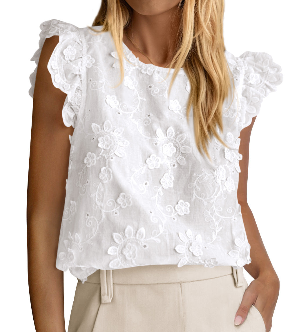 KIRUNDO Summer Tops For Women 2026 Ruffle Cap Sleeve Lace Embroidered Floral Boho Shirts Dressy Casual Blouses Cruise Outfits