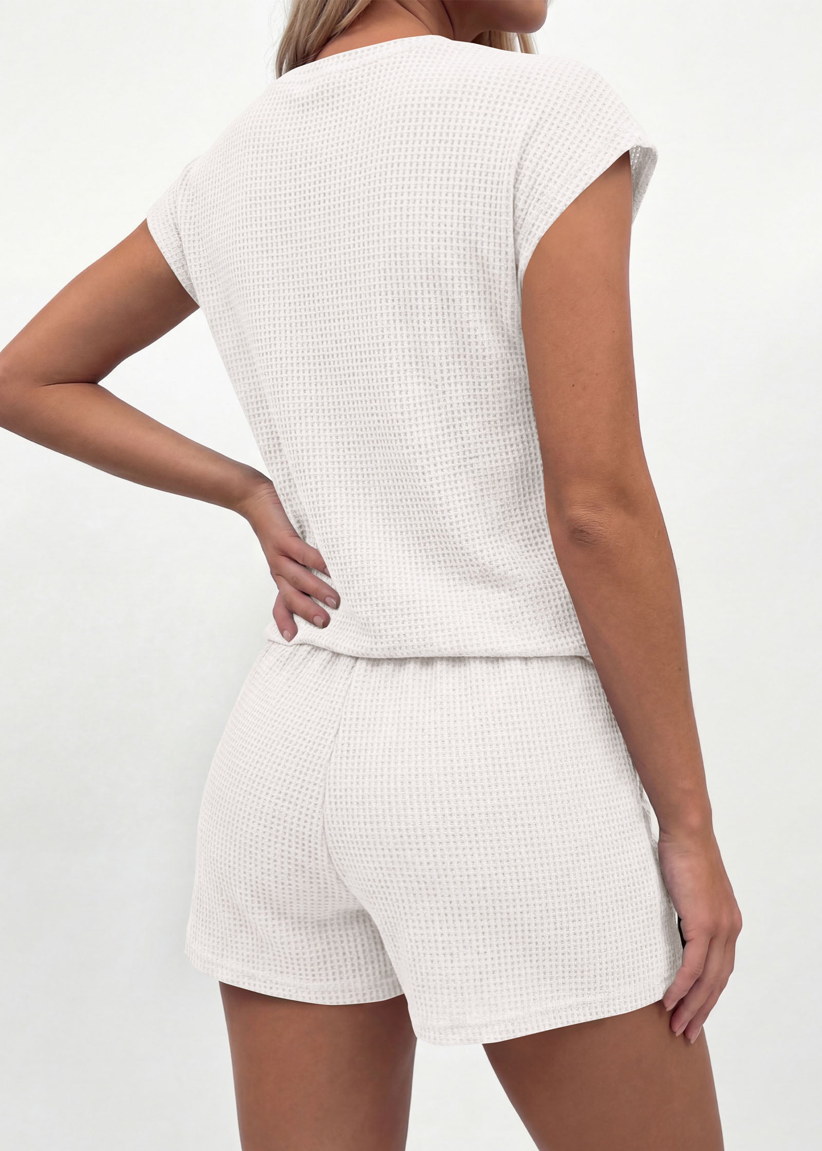 KIRUNDO 2 Piece Sets For Women 2026 Summer Waffle Knit Cap Sleeve Lounge Set Casual Travel Vacation Outfits With Shorts