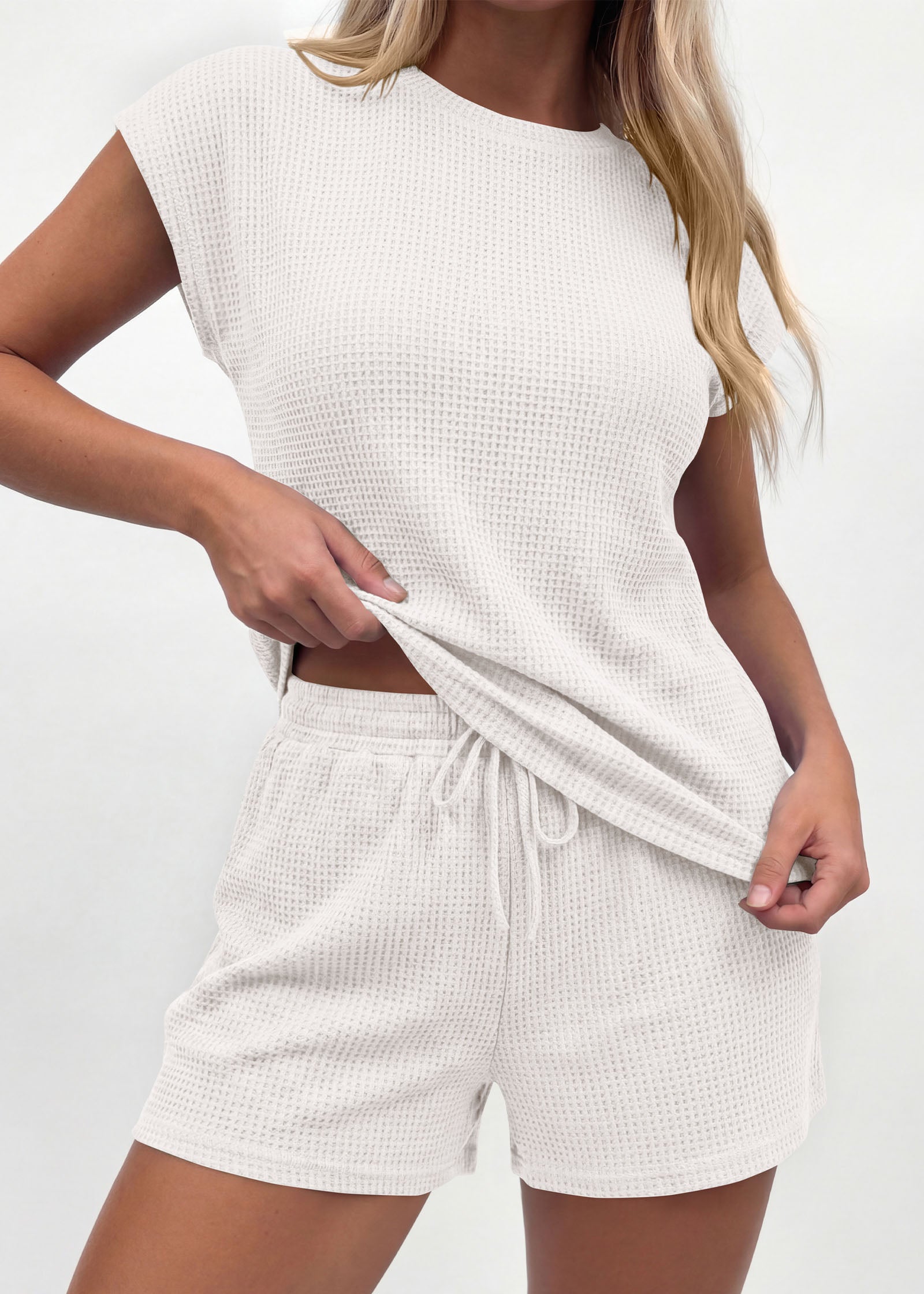 KIRUNDO 2 Piece Sets For Women 2026 Summer Waffle Knit Cap Sleeve Lounge Set Casual Travel Vacation Outfits With Shorts