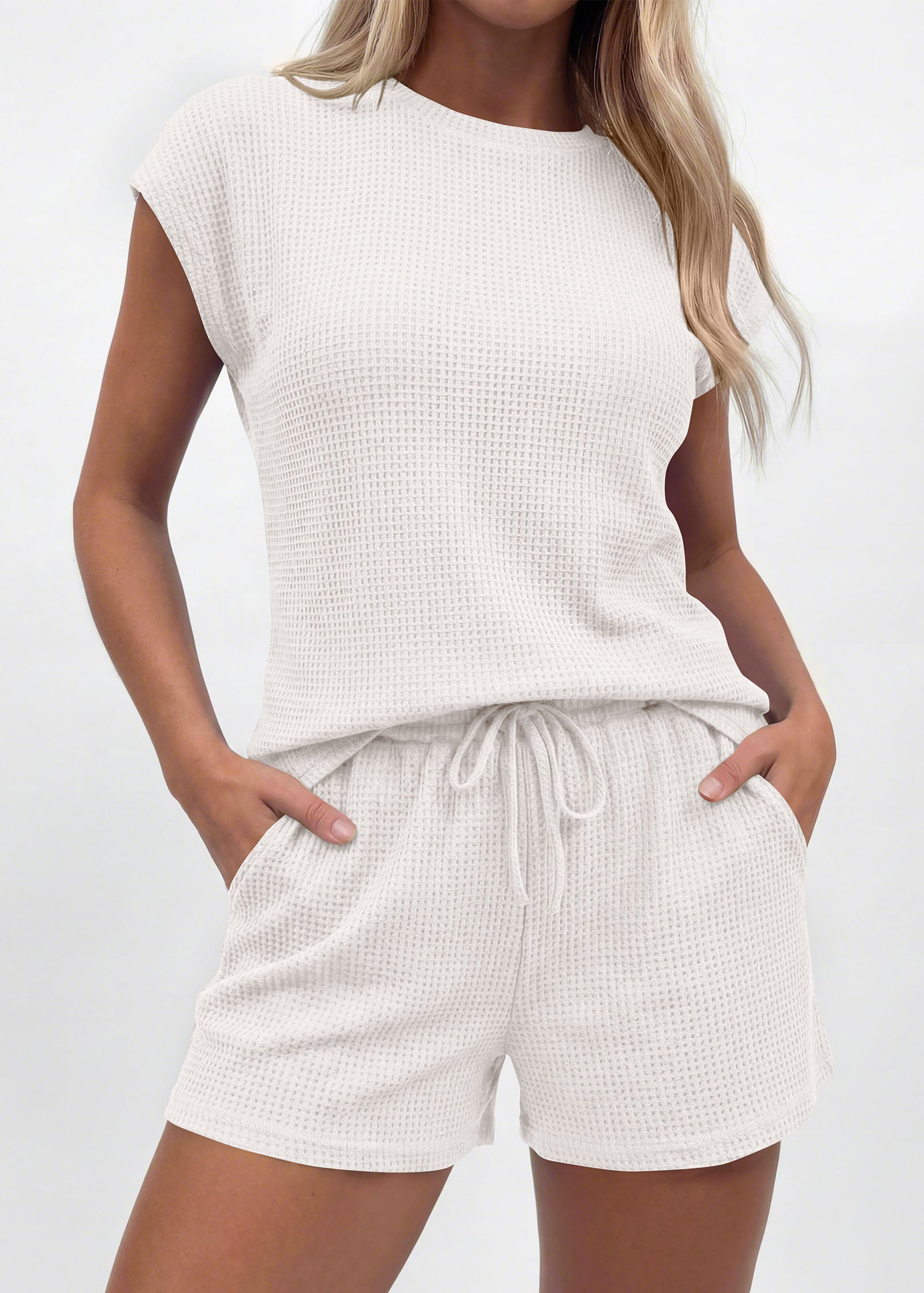 KIRUNDO 2 Piece Sets For Women 2026 Summer Waffle Knit Cap Sleeve Lounge Set Casual Travel Vacation Outfits With Shorts