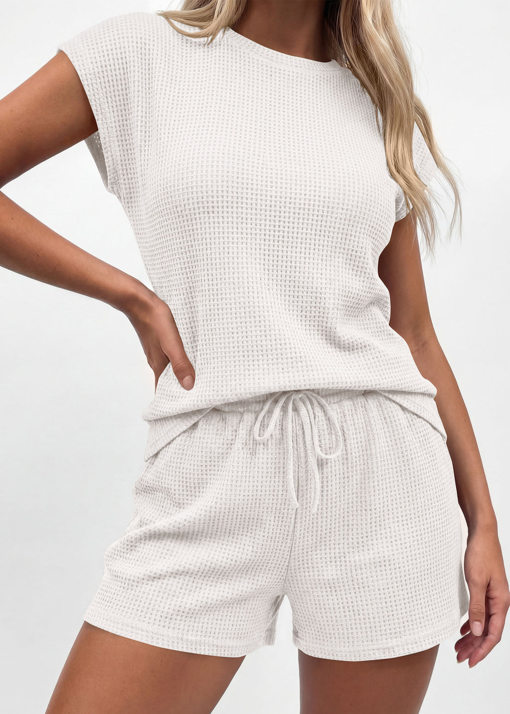 KIRUNDO 2 Piece Sets For Women 2026 Summer Waffle Knit Cap Sleeve Lounge Set Casual Travel Vacation Outfits With Shorts