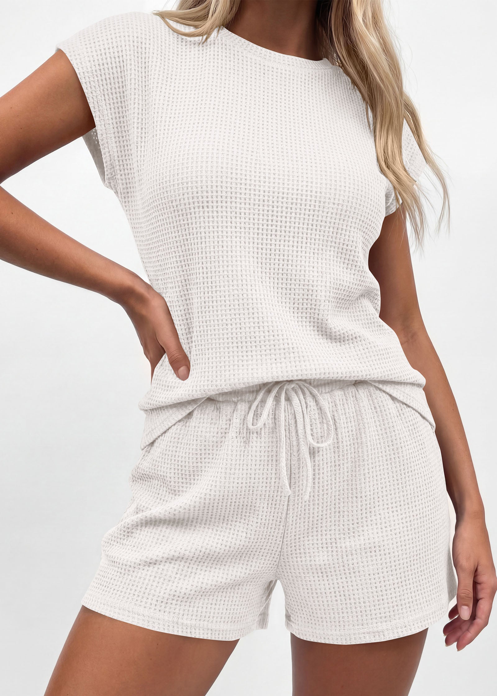 KIRUNDO 2 Piece Sets For Women 2026 Summer Waffle Knit Cap Sleeve Lounge Set Casual Travel Vacation Outfits With Shorts