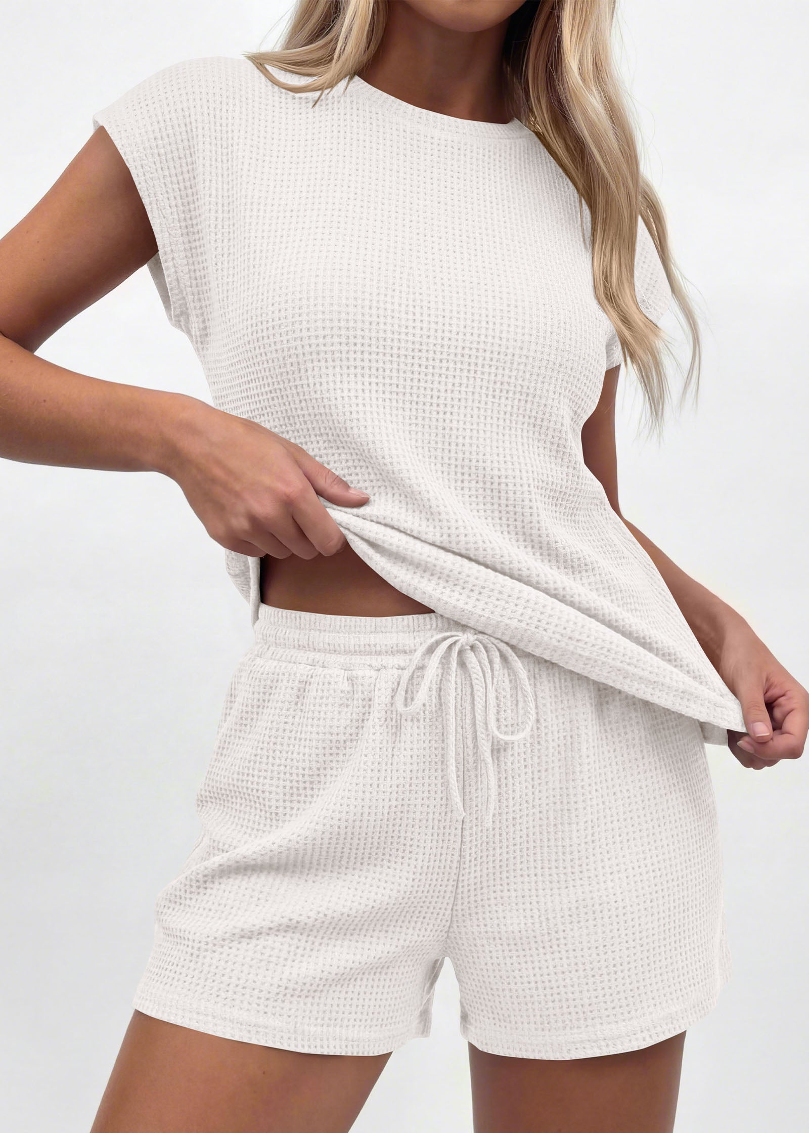 KIRUNDO 2 Piece Sets For Women 2026 Summer Waffle Knit Cap Sleeve Lounge Set Casual Travel Vacation Outfits With Shorts