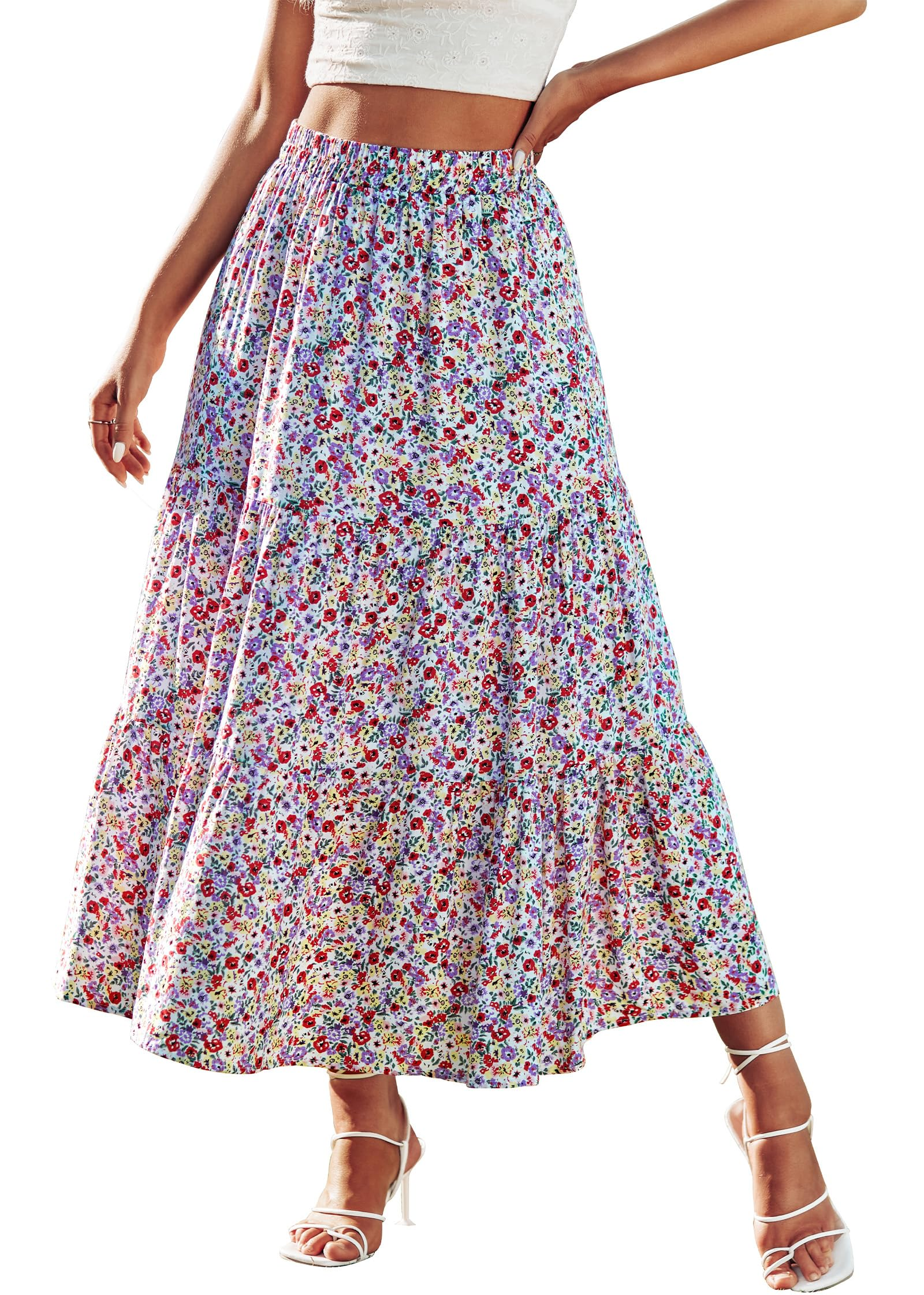 KIRUNDO Women 2026 Spring Summer High Waist Boho Floral Maxi Skirt Trendy Casual Flowy Swing Pleated A Line Beach Long Skirts
