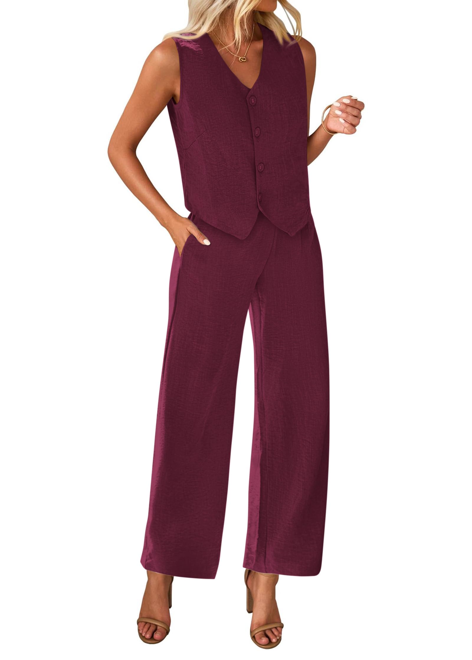 KIRUNDO Womens Two Piece Outfits Summer Fashion Button V Neck Crop Vest Blazer and Wide Leg Pants Suit Matching Sets