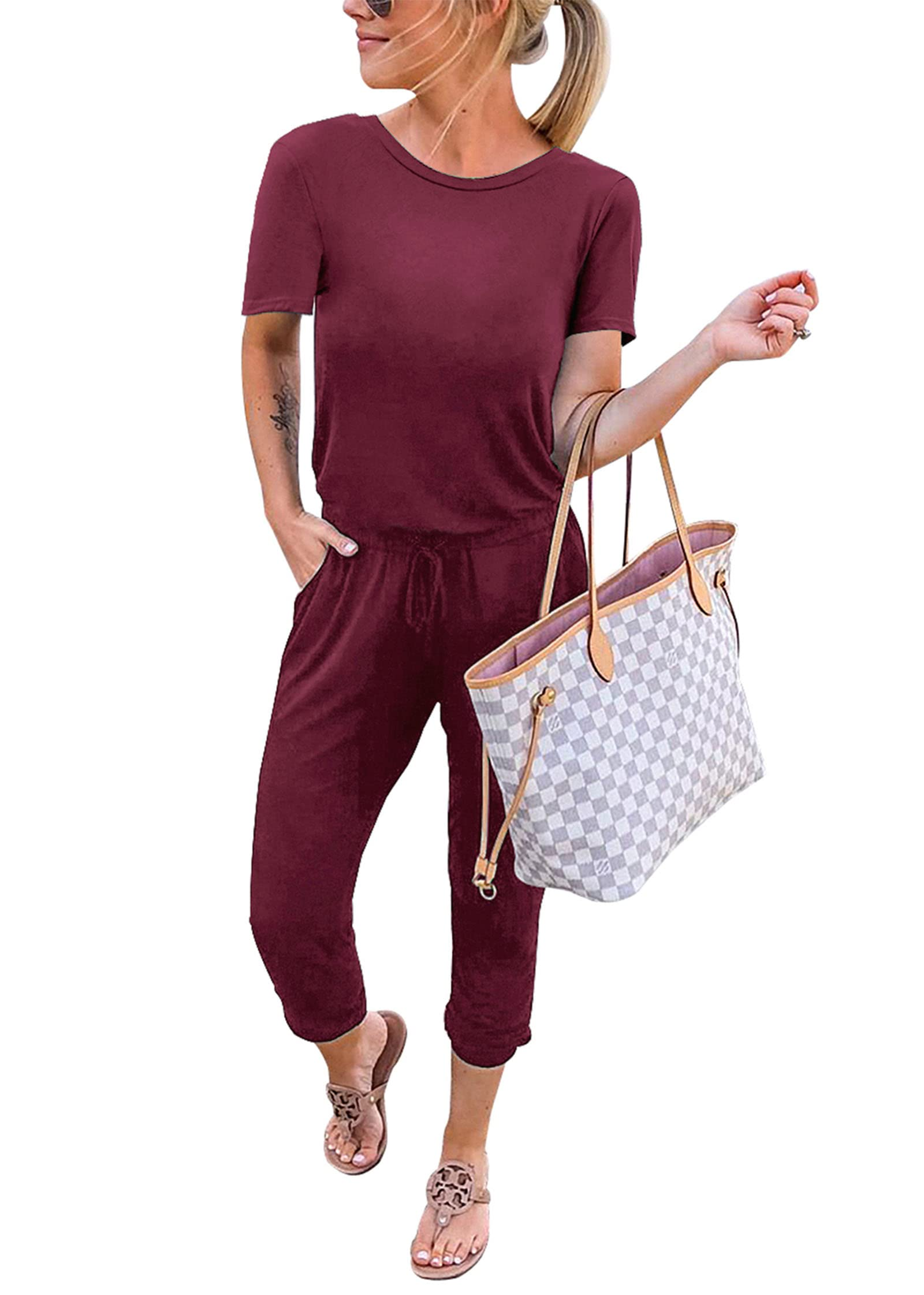 KIRUNDO Jumpsuits for Women Summer 2026 Casual Short Sleeve One Piece Outfits Drawstring Waist Long Pants Romper Jumpers