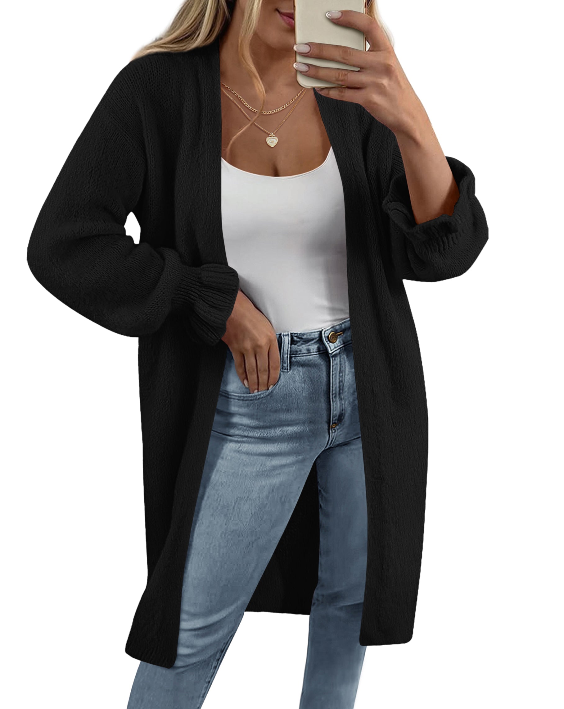 KIRUNDO Long Cardigan Sweaters for Women Oversized Ruffle Long Sleeve Open Front Casual Chunky Knit Sweater Coats