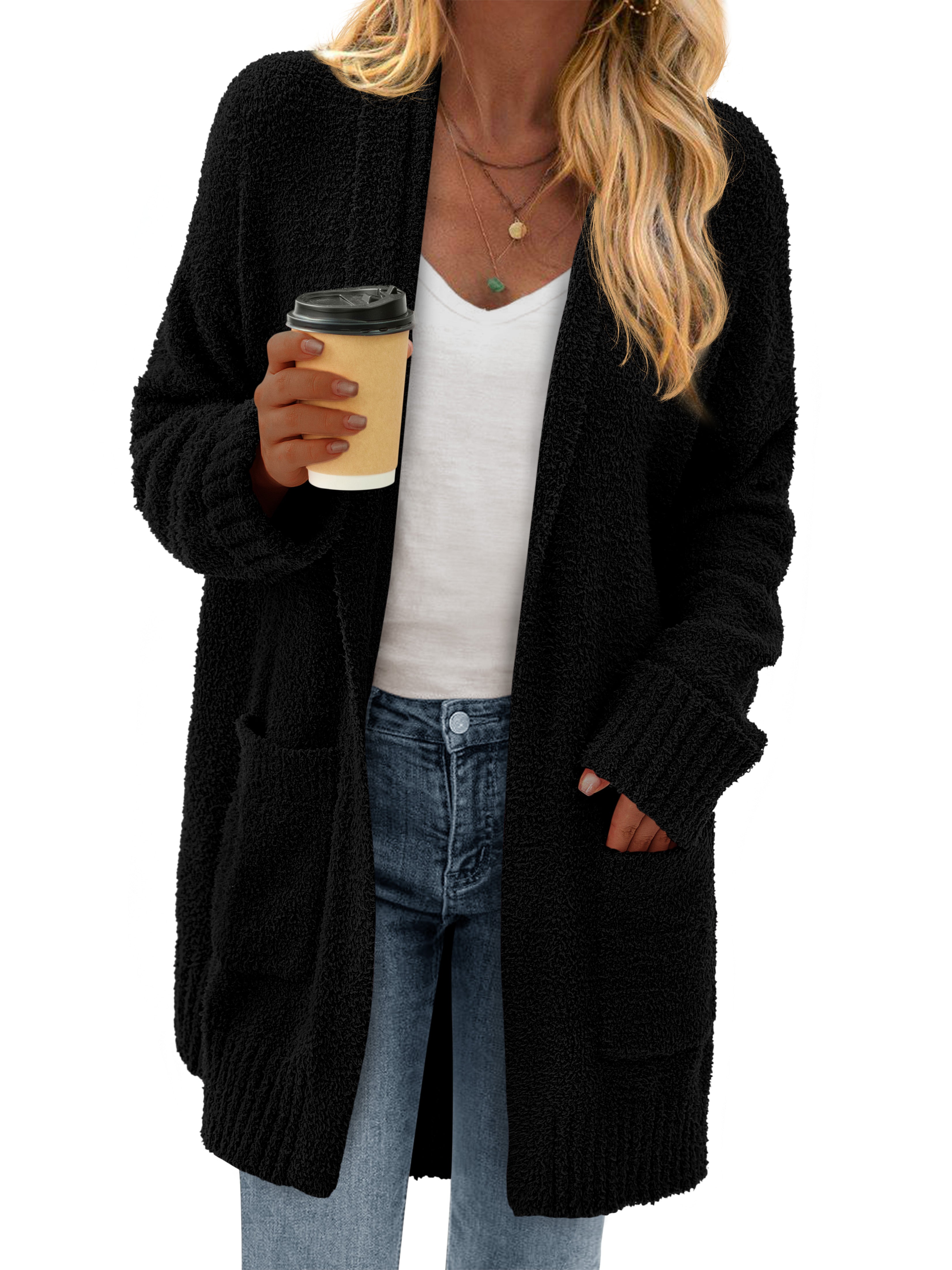 KIRUNDO Cardigan Sweaters for Women 2025 Fall Chunky Fuzzy Knit Open Front Loose Long Sleeve Sweater Coats Winter Clothing