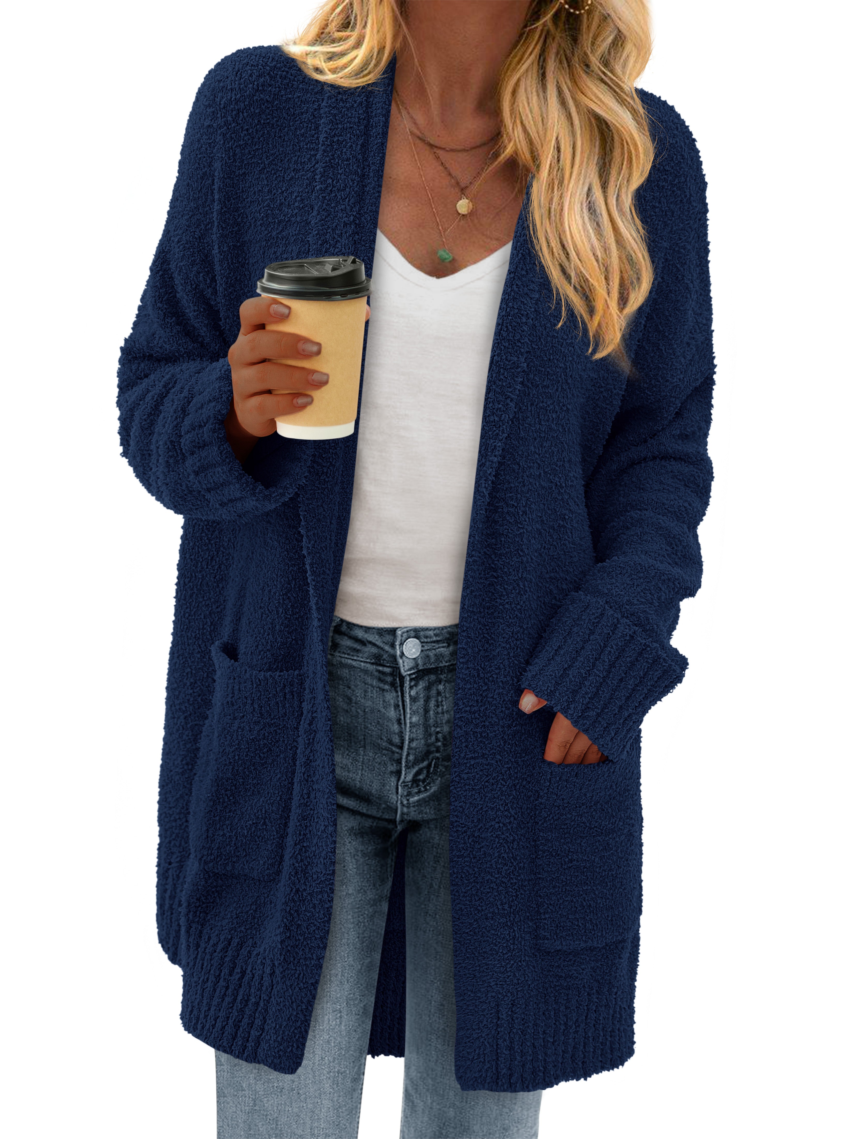 KIRUNDO Cardigan Sweaters for Women 2025 Fall Chunky Fuzzy Knit Open Front Loose Long Sleeve Sweater Coats Winter Clothing