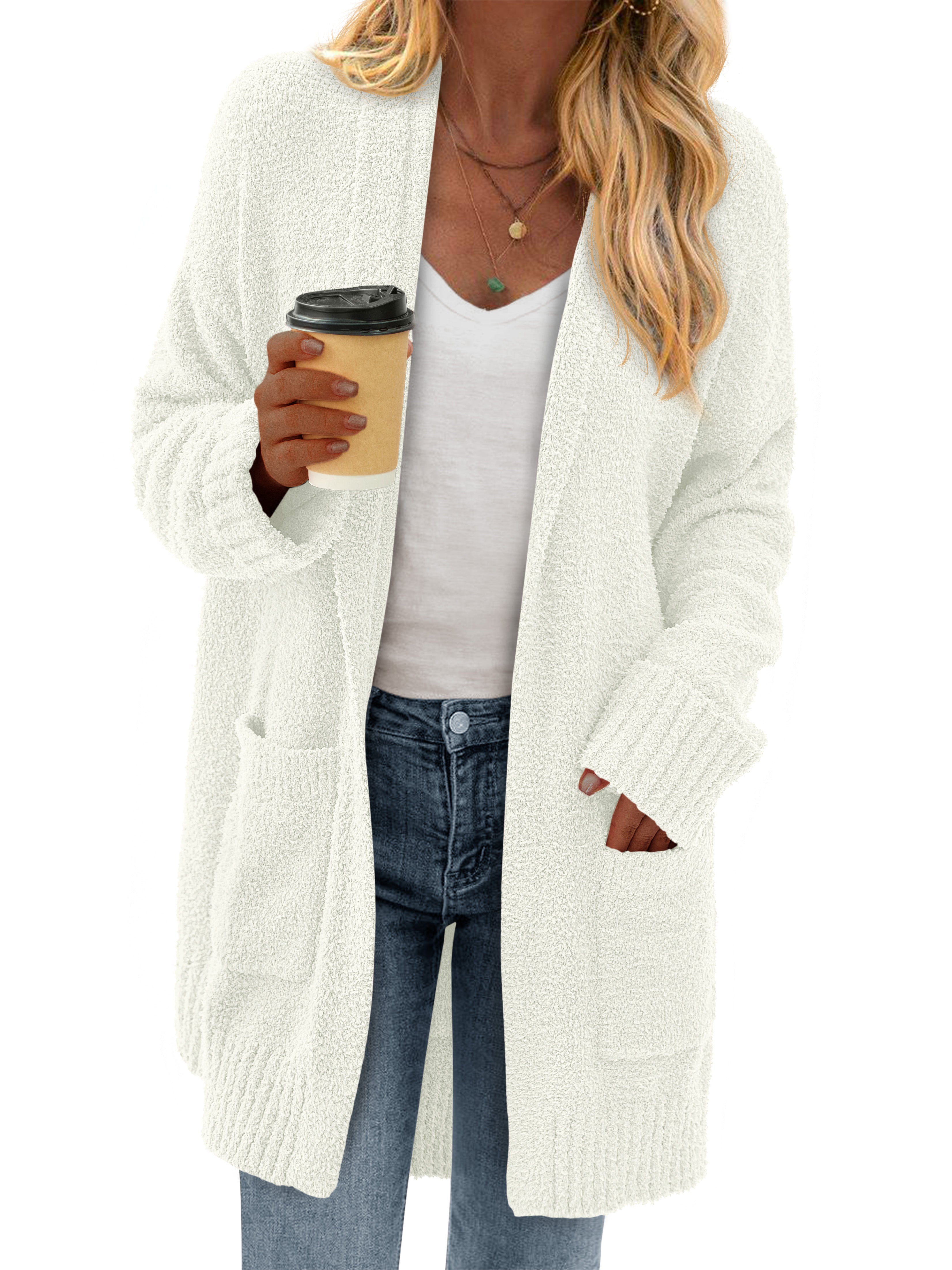 KIRUNDO Cardigan Sweaters for Women 2025 Fall Chunky Fuzzy Knit Open Front Loose Long Sleeve Sweater Coats Winter Clothing