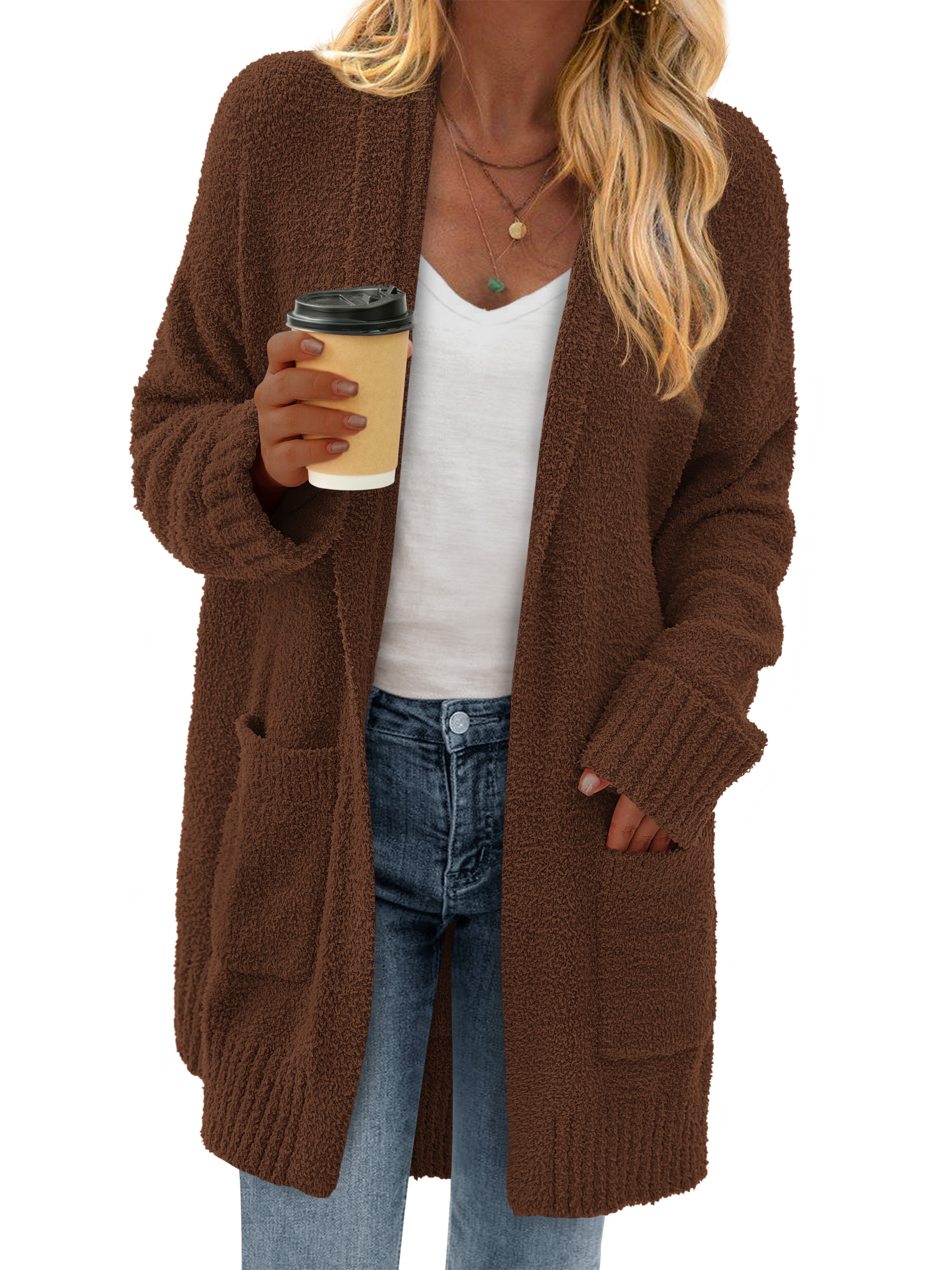 KIRUNDO Cardigan Sweaters for Women 2025 Fall Chunky Fuzzy Knit Open Front Loose Long Sleeve Sweater Coats Winter Clothing