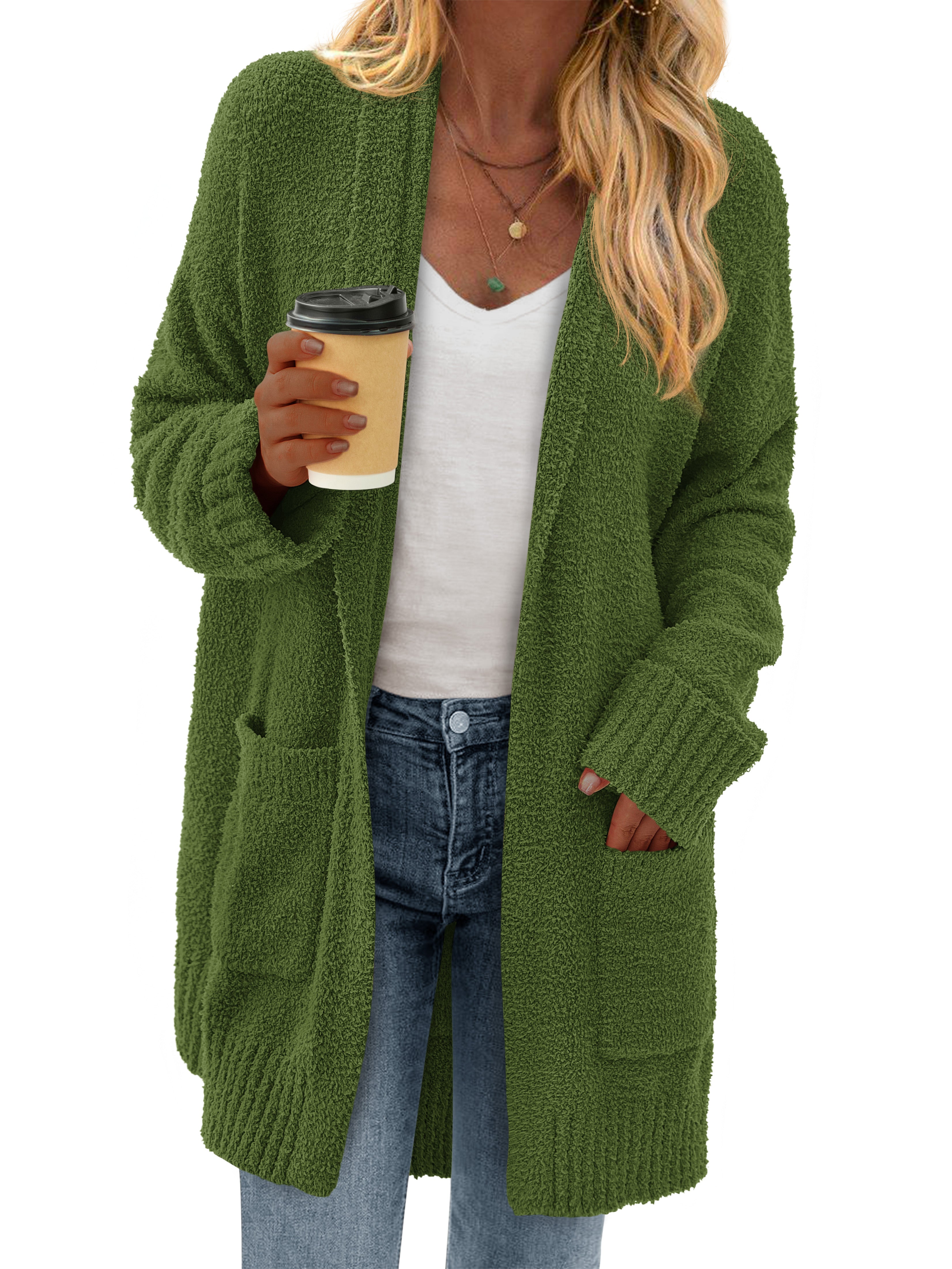 KIRUNDO Cardigan Sweaters for Women 2025 Fall Chunky Fuzzy Knit Open Front Loose Long Sleeve Sweater Coats Winter Clothing