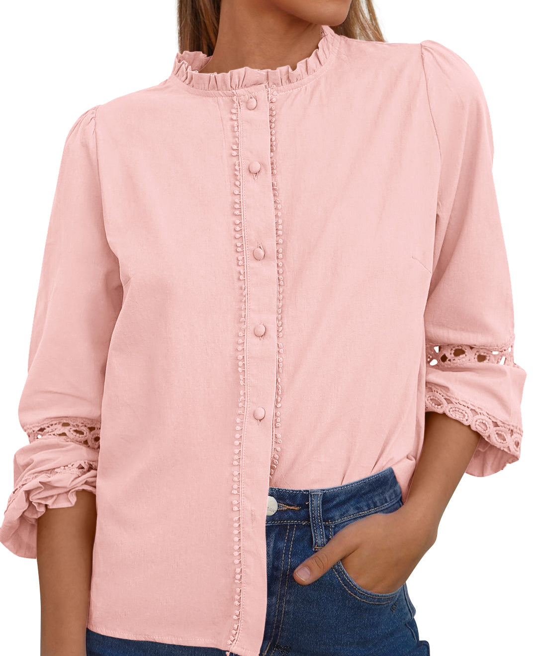 KIRUNDO Going Out Tops for Women Boho Cotton Eyelet Long Sleeve Button Up Shirt 2025 Fall Fashion Lace Dressy Casual Blouses