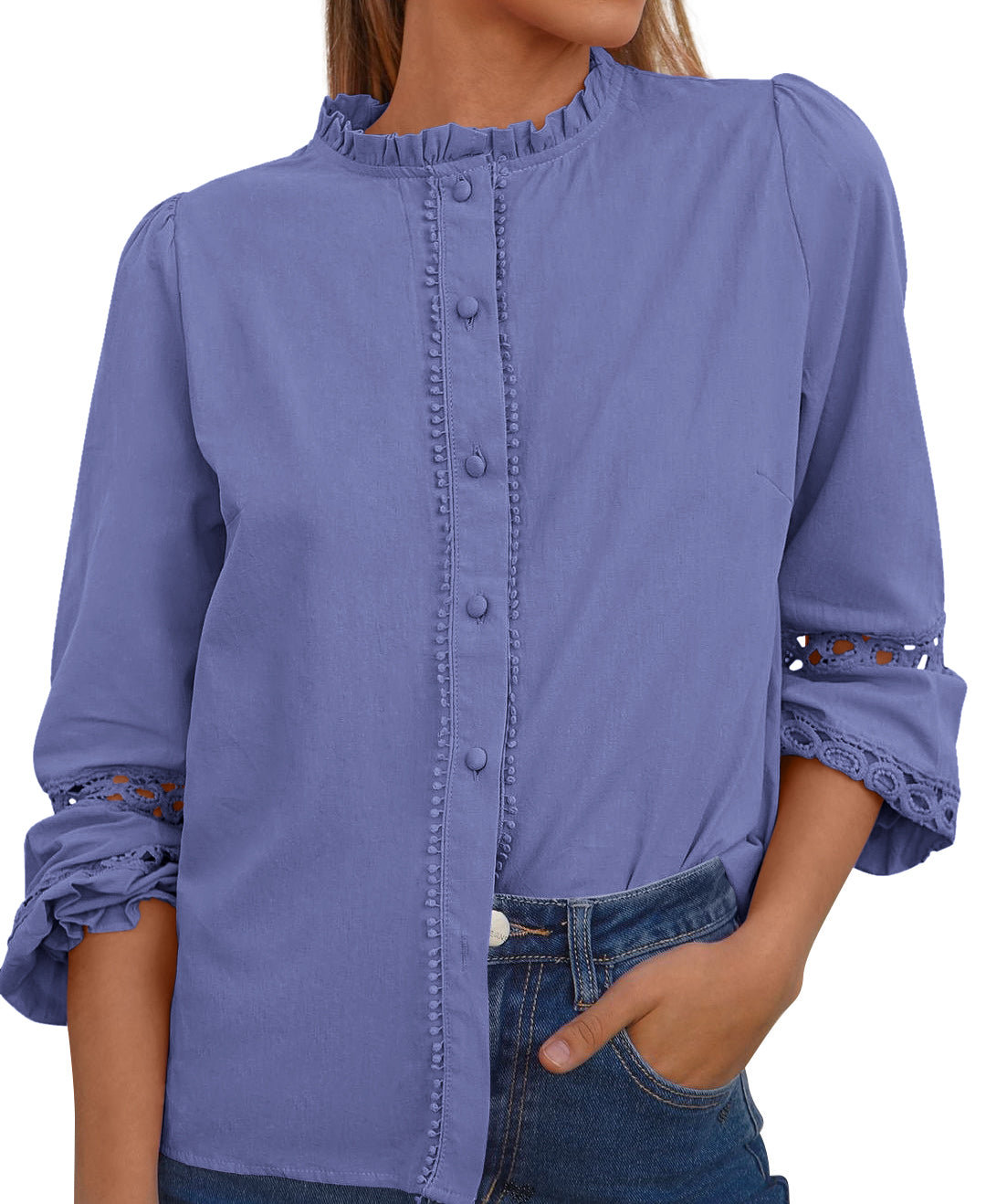 KIRUNDO Going Out Tops for Women Boho Cotton Eyelet Long Sleeve Button Up Shirt 2025 Fall Fashion Lace Dressy Casual Blouses