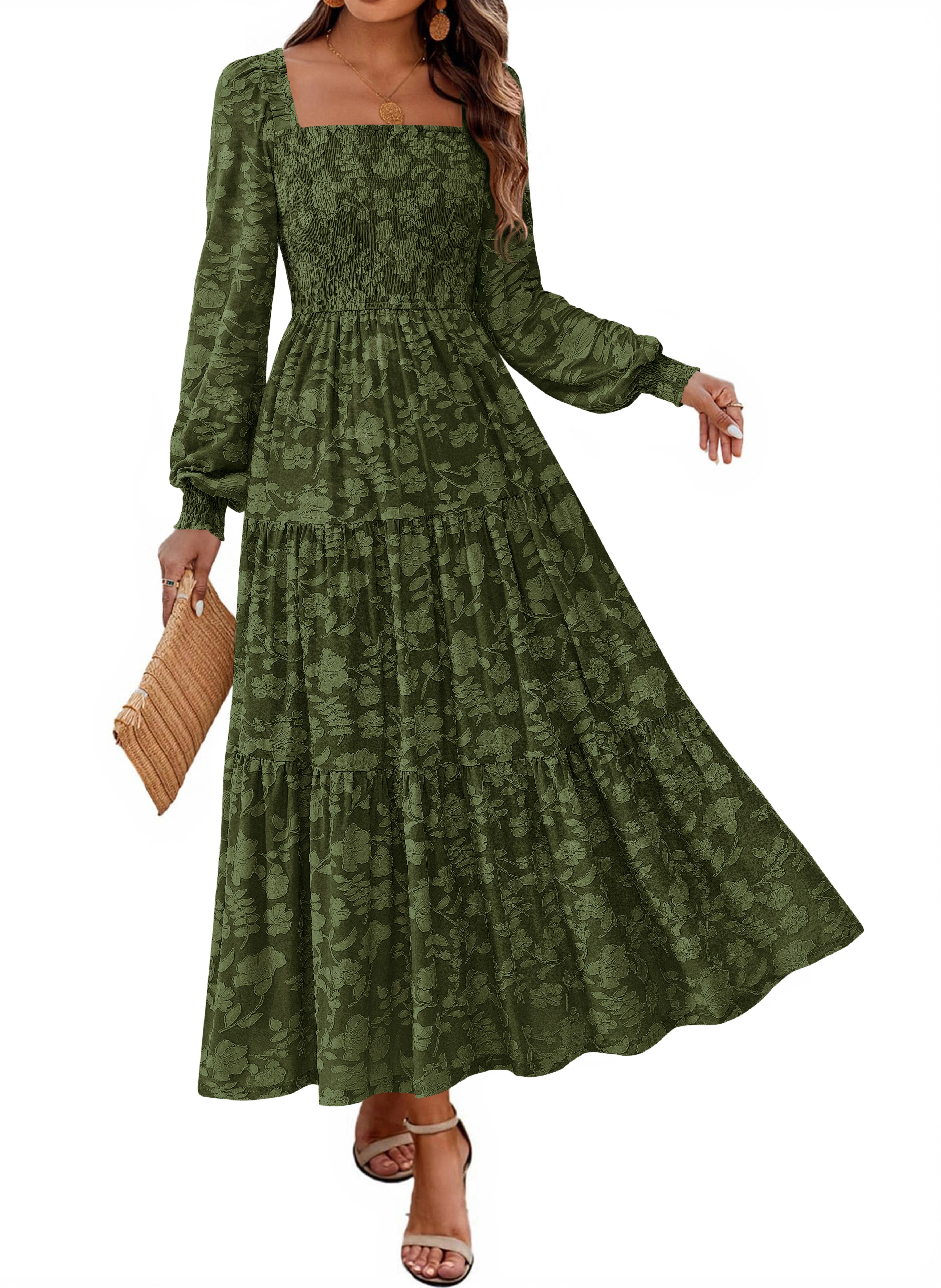 KIRUNDO Wedding Guest Dresses for Women Long Sleeve Smocked Floral Flowy A Line Boho Maxi Dress Fall Clothes