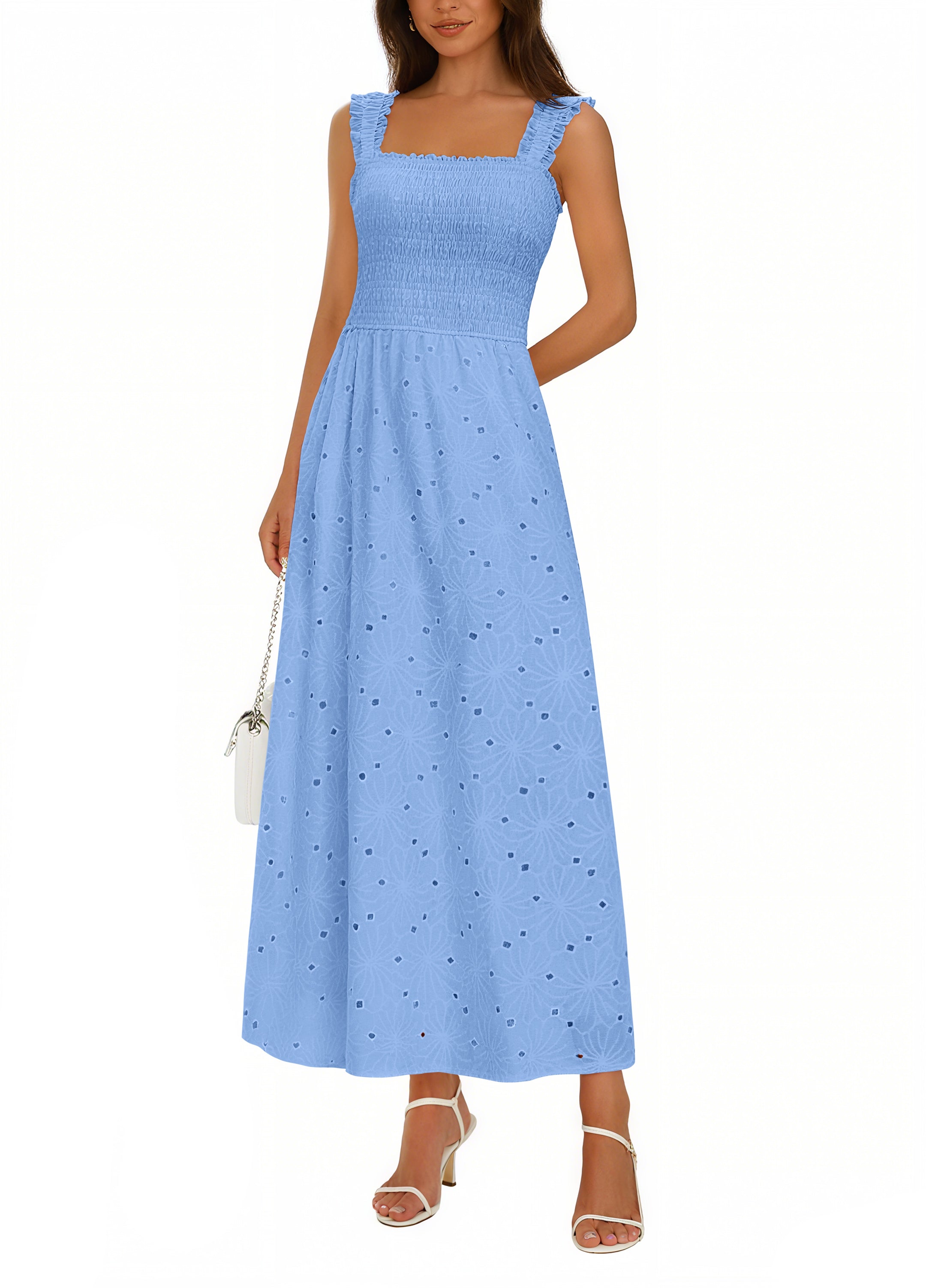 KIRUNDO Women Eyelet Summer Maxi Dress 2026 Spring Boho Lace Cotton Smocked Sleeveless Square Neck Beach Vacation Sundress