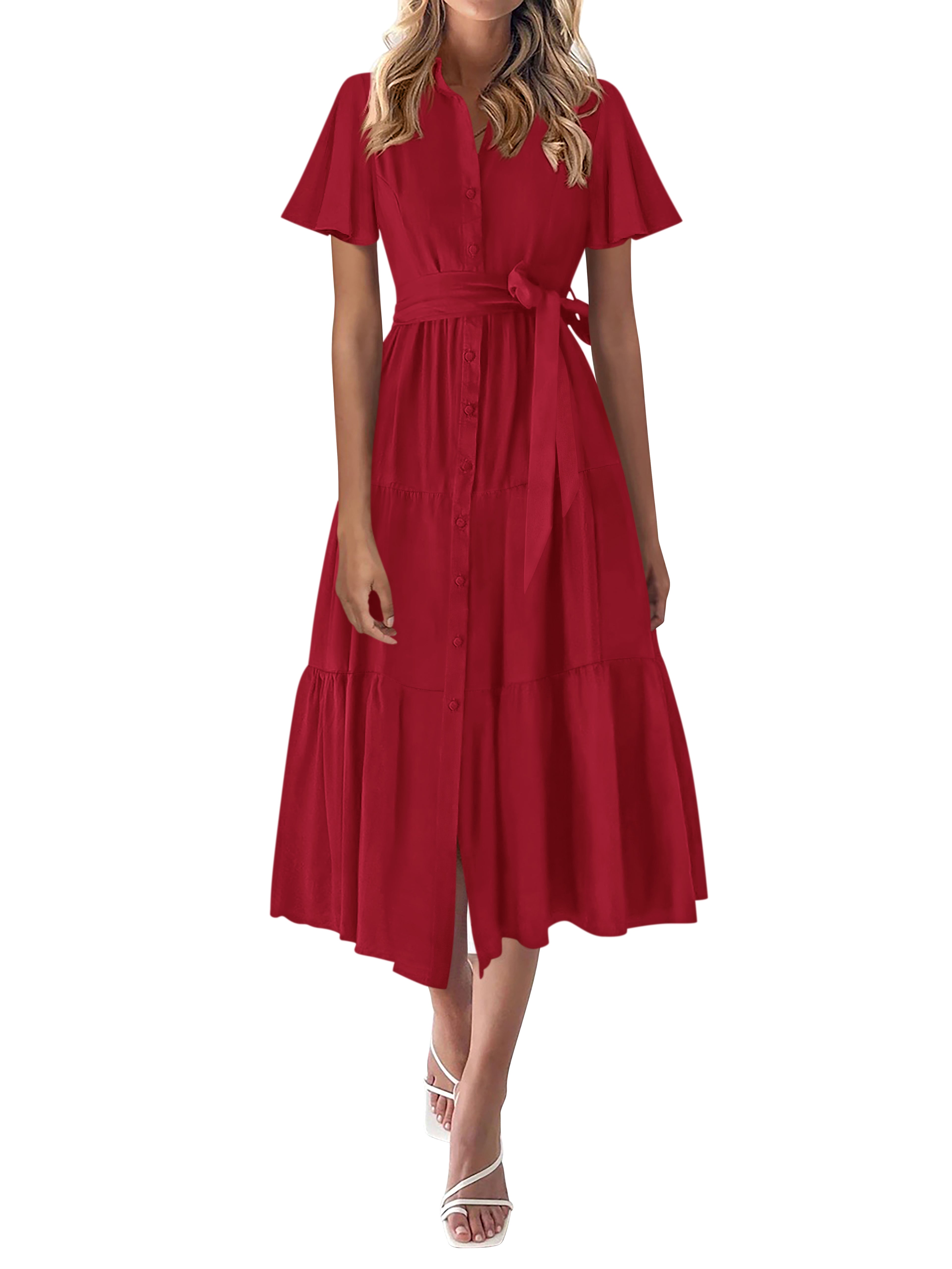 KIRUNDO Summer Button Down Wedding Guest Shirt Dresses for Women Maxi Flutter Short Sleeve Flowy Tiered Beach Sun Dress