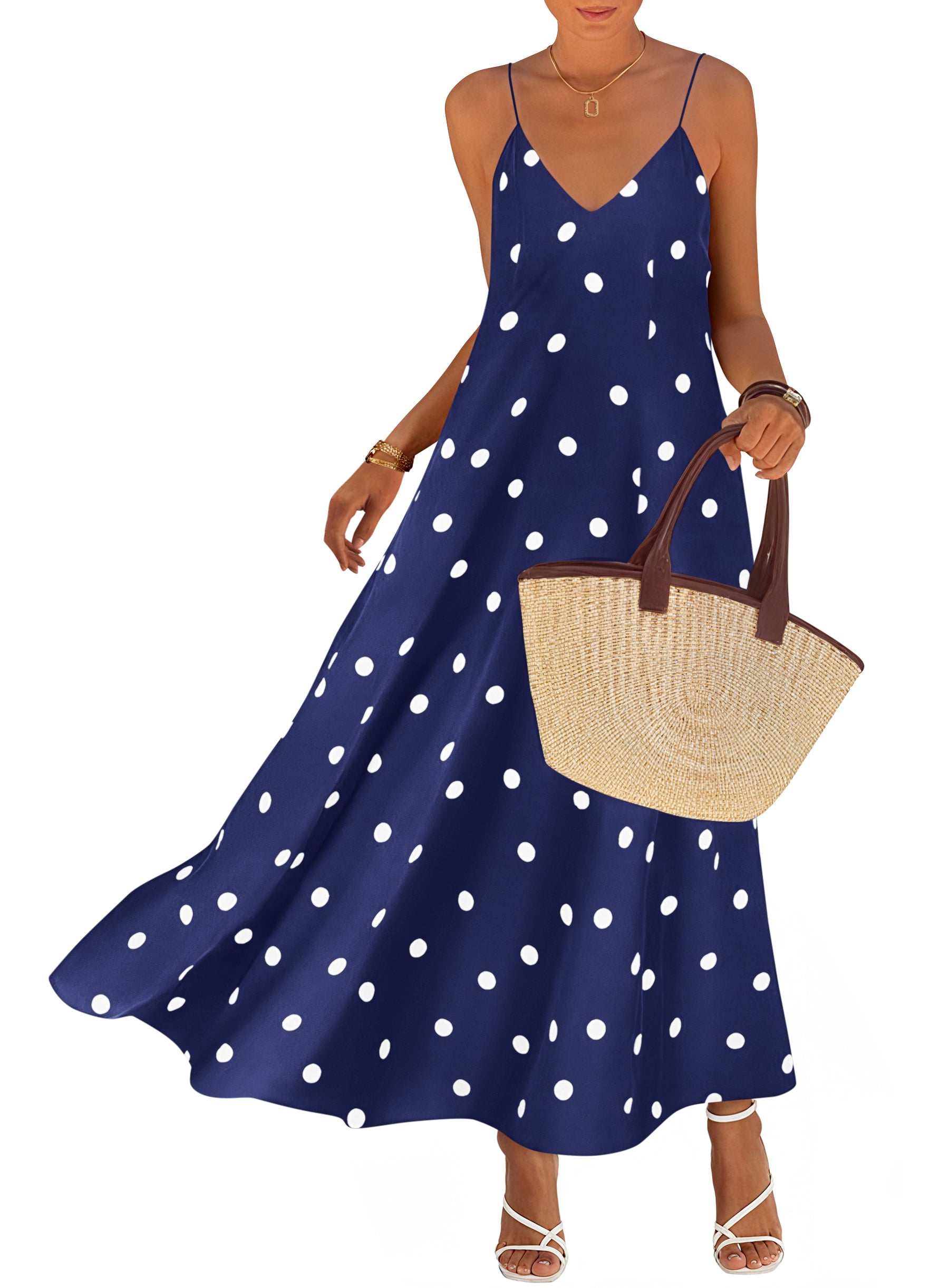 KIRUNDO Boho Maxi Dress for Women Summer Spaghetti Strap V Neck Polka Dot Flowy Long Beach Vacation Sundress with Pockets