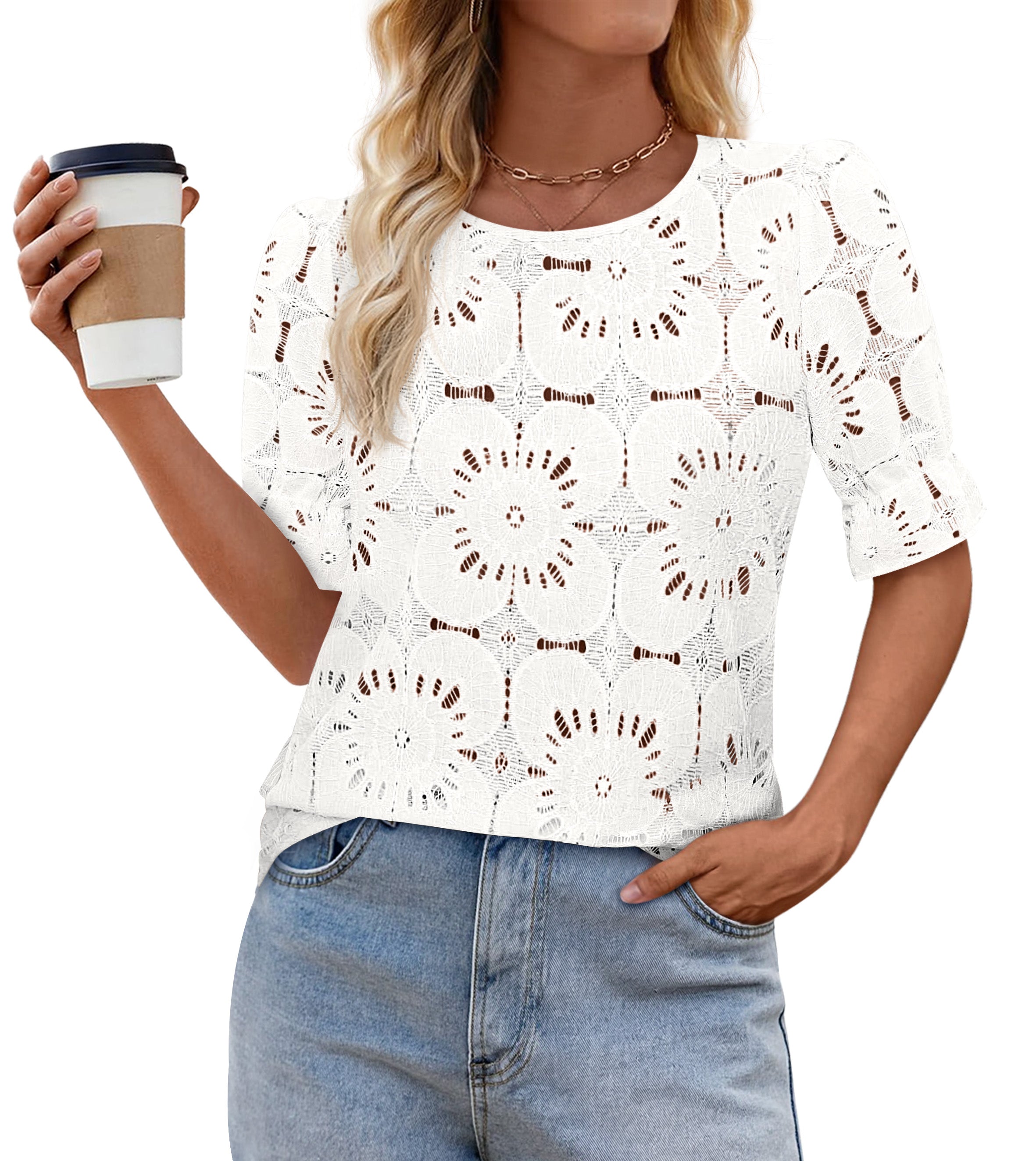 KIRUNDO Eyelet Summer Tops for Women Lace Crochet Boho Puff Short Sleeve Blouses Dressy Casual Hollow Out Embroidered Shirts