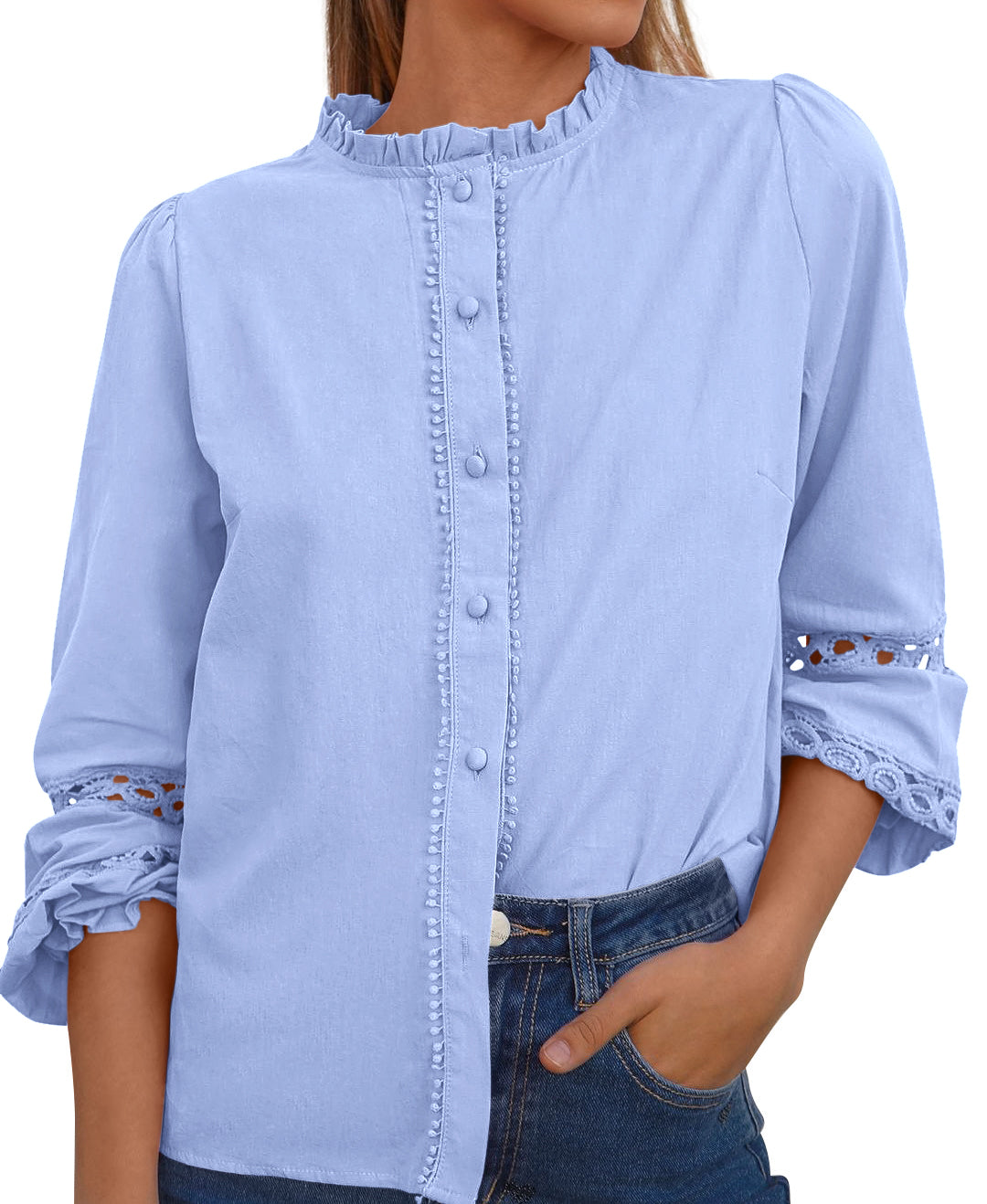 KIRUNDO Going Out Tops for Women Boho Cotton Eyelet Long Sleeve Button Up Shirt 2025 Fall Fashion Lace Dressy Casual Blouses