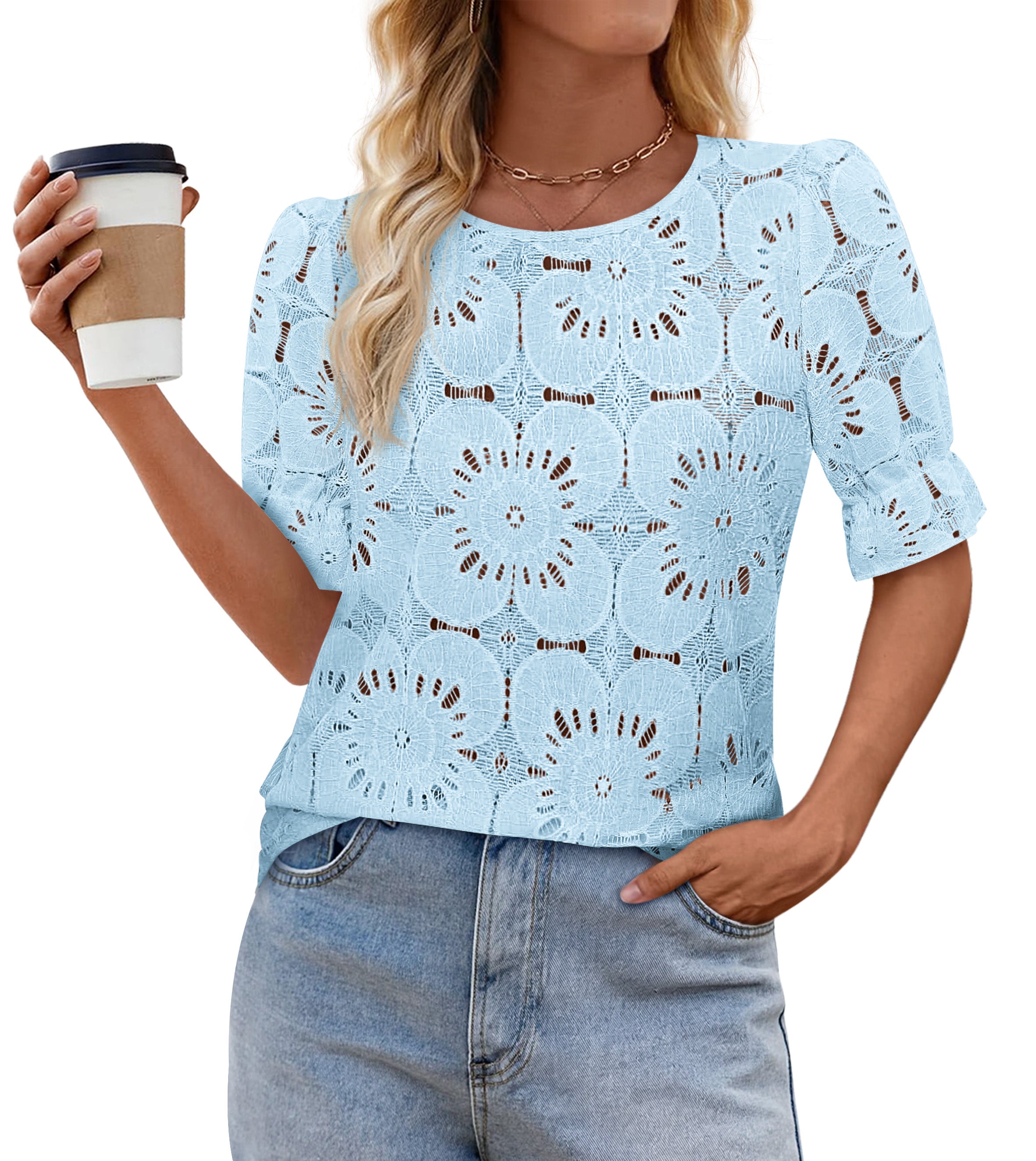 KIRUNDO Eyelet Summer Tops for Women Lace Crochet Boho Puff Short Sleeve Blouses Dressy Casual Hollow Out Embroidered Shirts