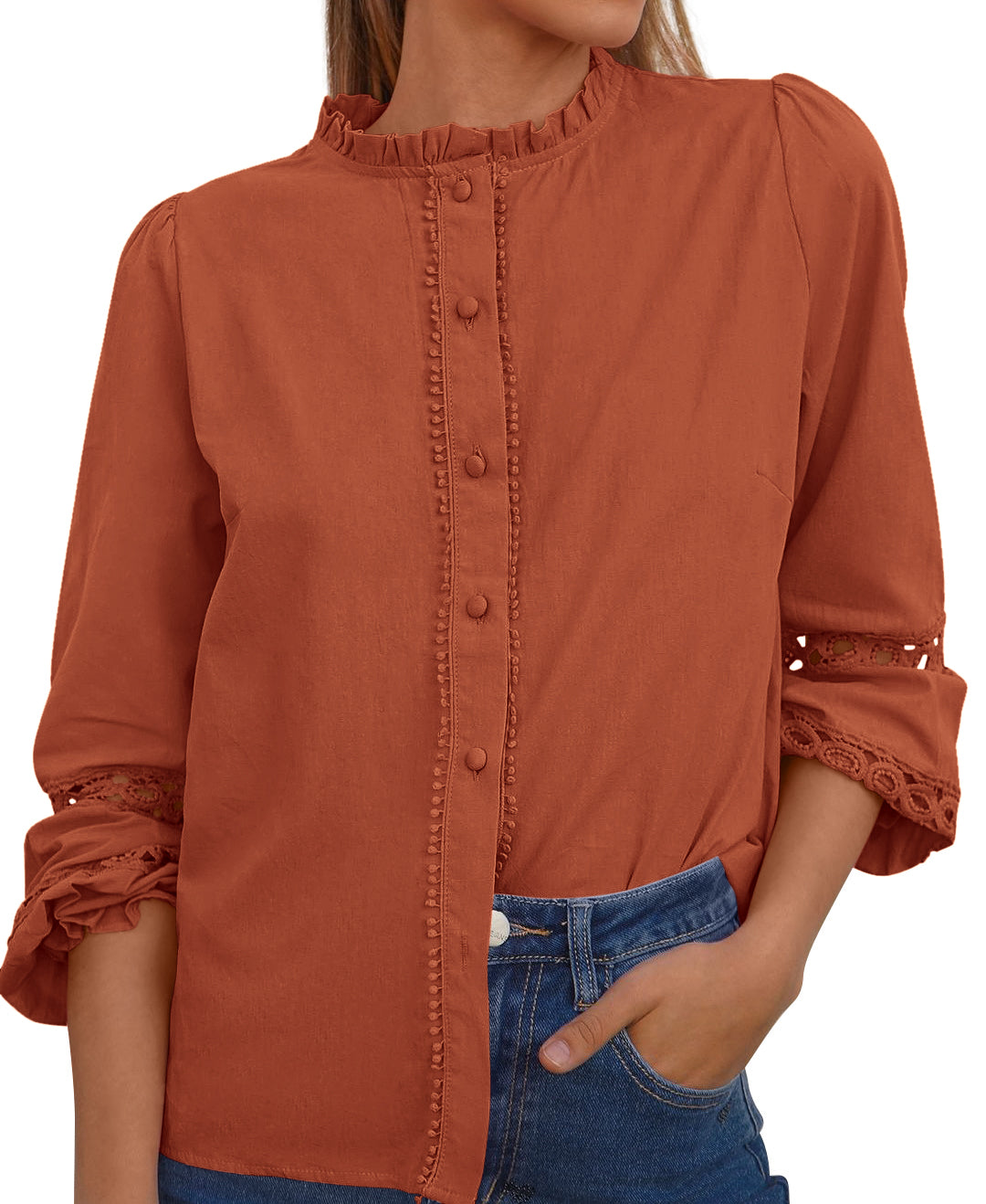 KIRUNDO Going Out Tops for Women Boho Cotton Eyelet Long Sleeve Button Up Shirt 2025 Fall Fashion Lace Dressy Casual Blouses