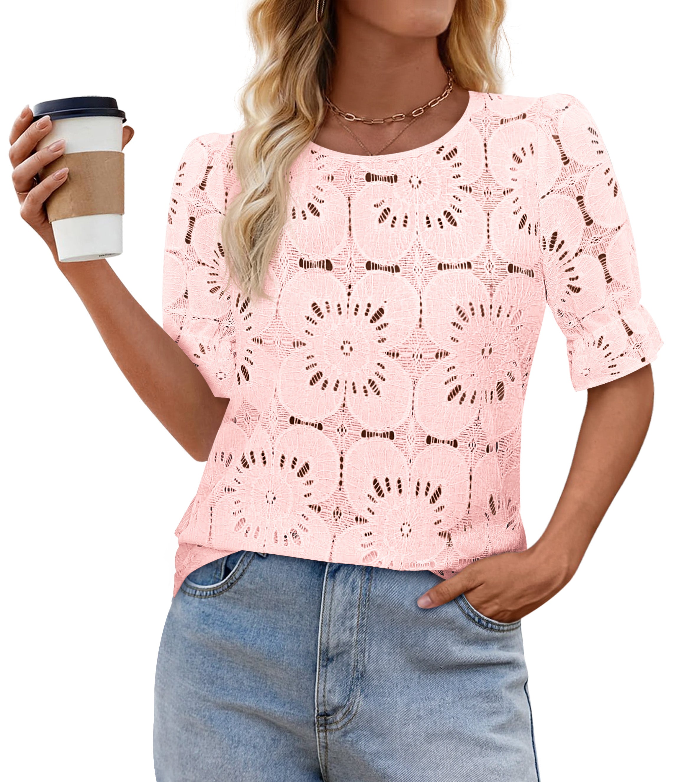 KIRUNDO Eyelet Summer Tops for Women Lace Crochet Boho Puff Short Sleeve Blouses Dressy Casual Hollow Out Embroidered Shirts