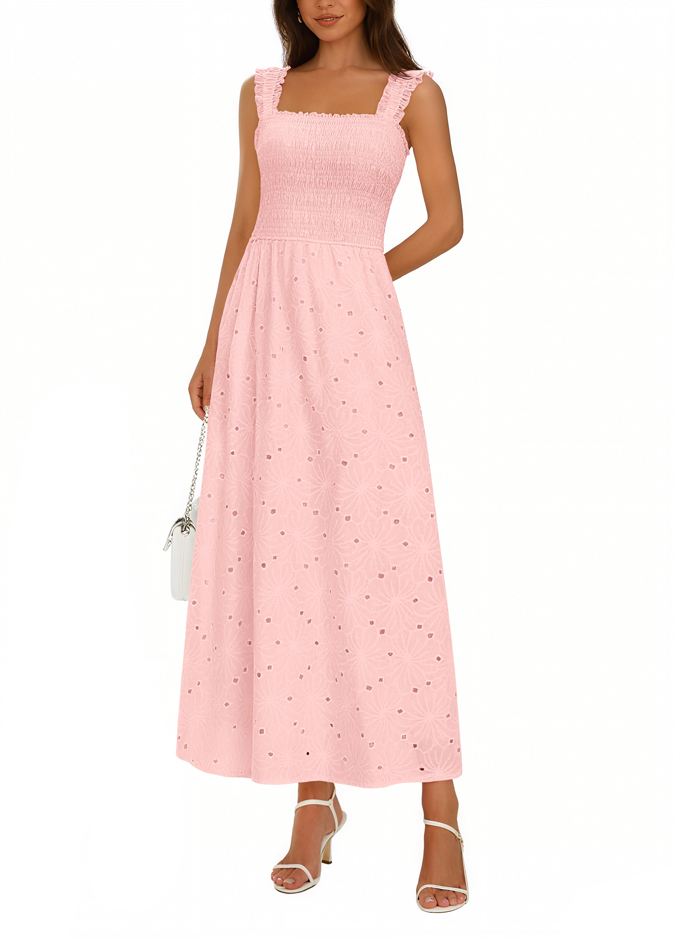 KIRUNDO Women Eyelet Summer Maxi Dress 2026 Spring Boho Lace Cotton Smocked Sleeveless Square Neck Beach Vacation Sundress