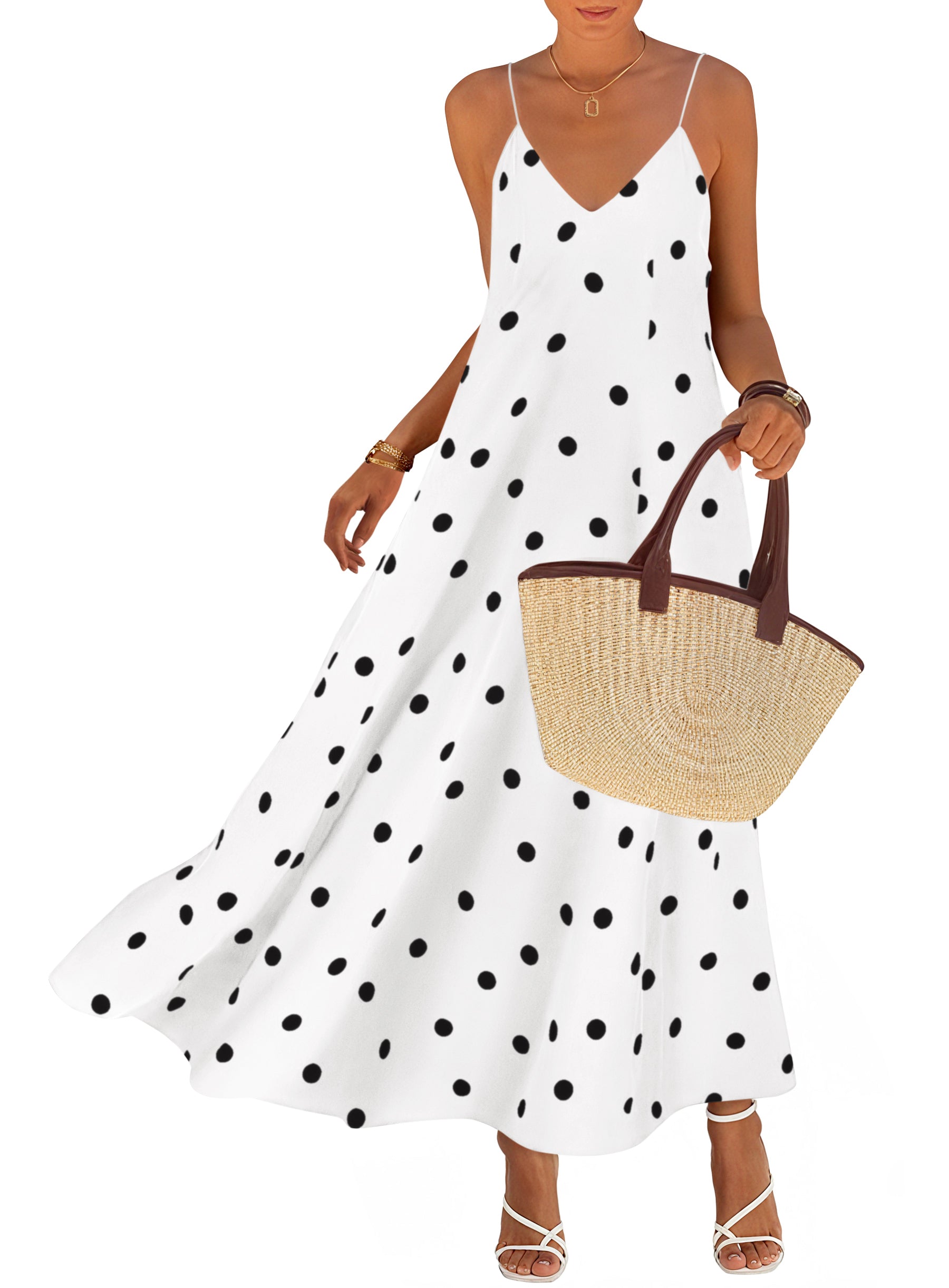 KIRUNDO Boho Maxi Dress for Women Summer Spaghetti Strap V Neck Polka Dot Flowy Long Beach Vacation Sundress with Pockets