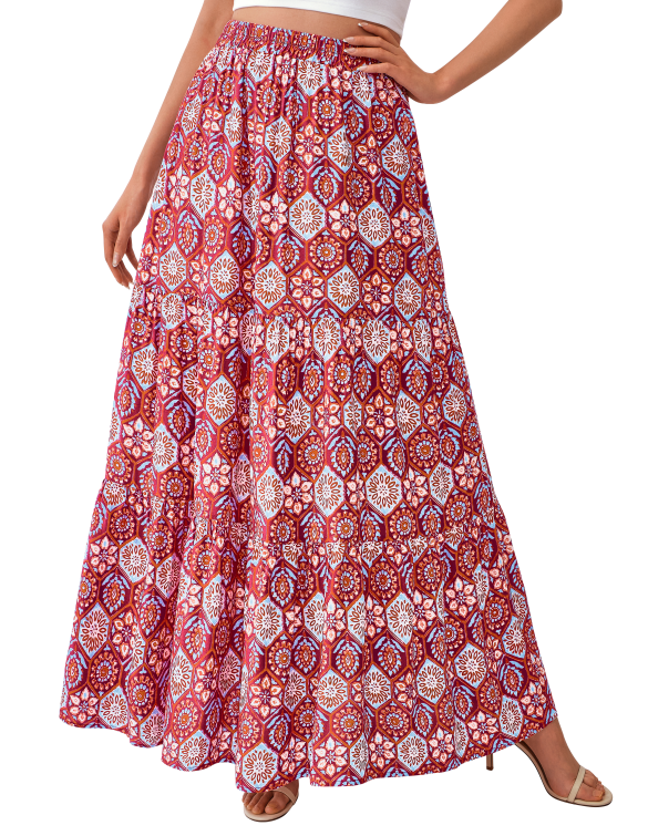 KIRUNDO Women 2026 Spring Summer High Waist Boho Floral Maxi Skirt Trendy Casual Flowy Swing Pleated A Line Beach Long Skirts