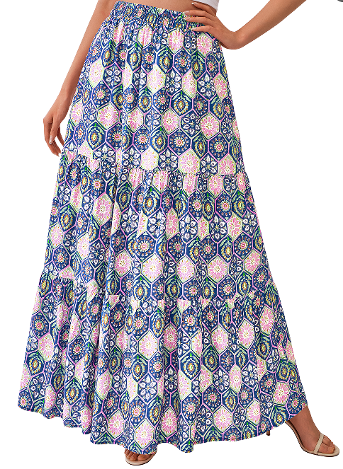 KIRUNDO Women 2026 Spring Summer High Waist Boho Floral Maxi Skirt Trendy Casual Flowy Swing Pleated A Line Beach Long Skirts